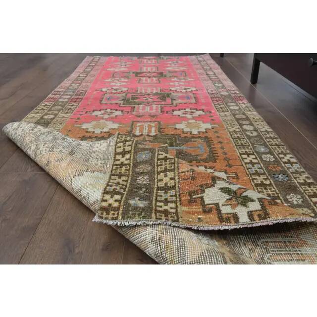 Vintage Turkish Oushak Handmade Wool Cotton Pink Runner Rug 96x242