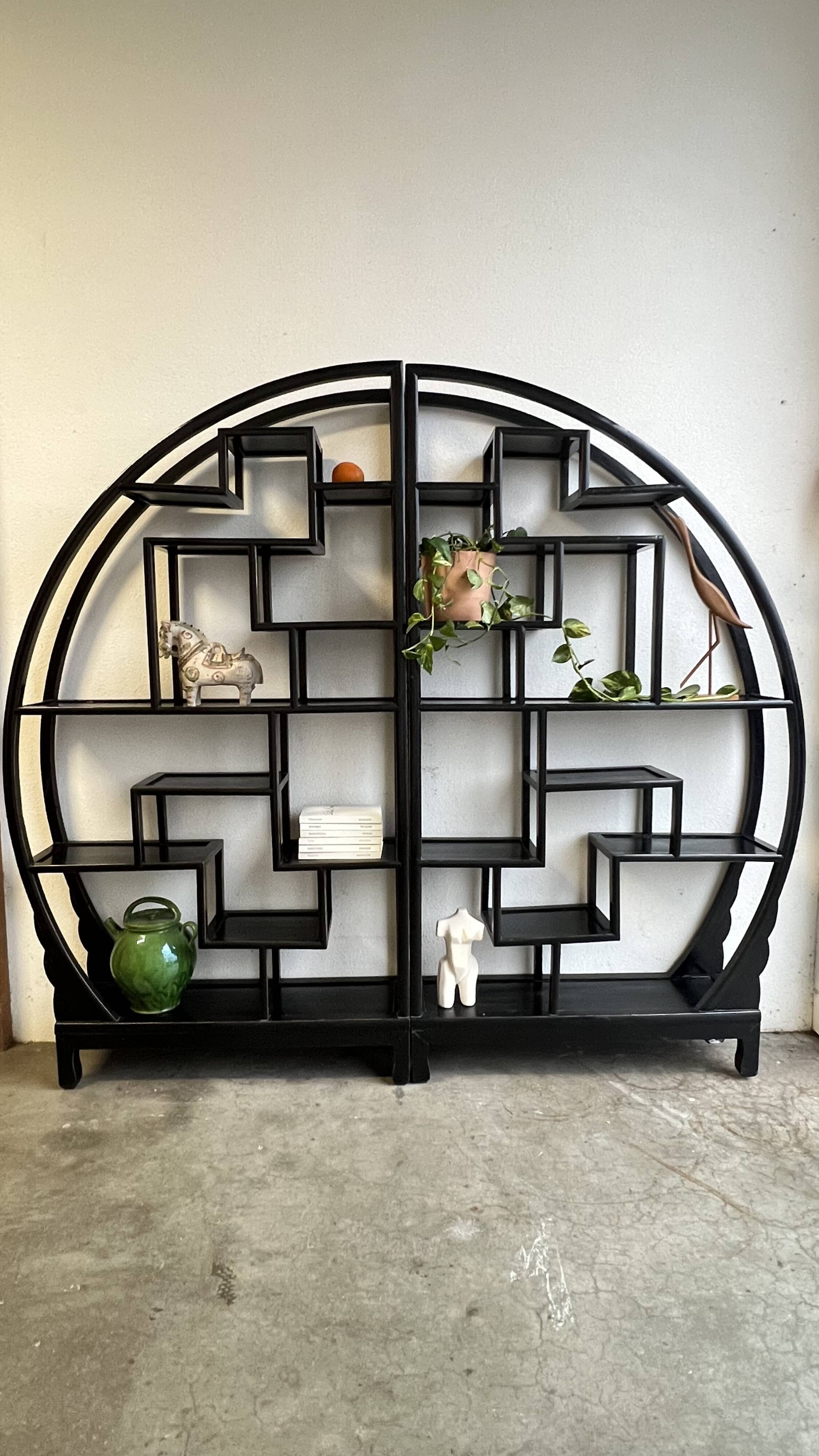 Vintage Black Circular Asian-Inspired Shelf Étagère, 2 parts