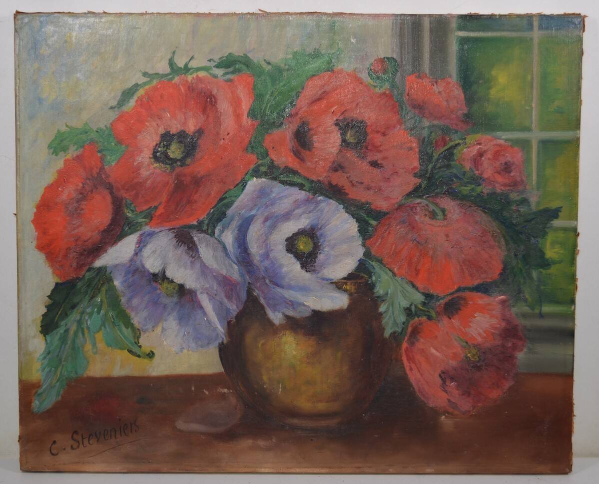 C. Steveniers - French School of the 20th century Still life with poppies. Oil on canvas signed