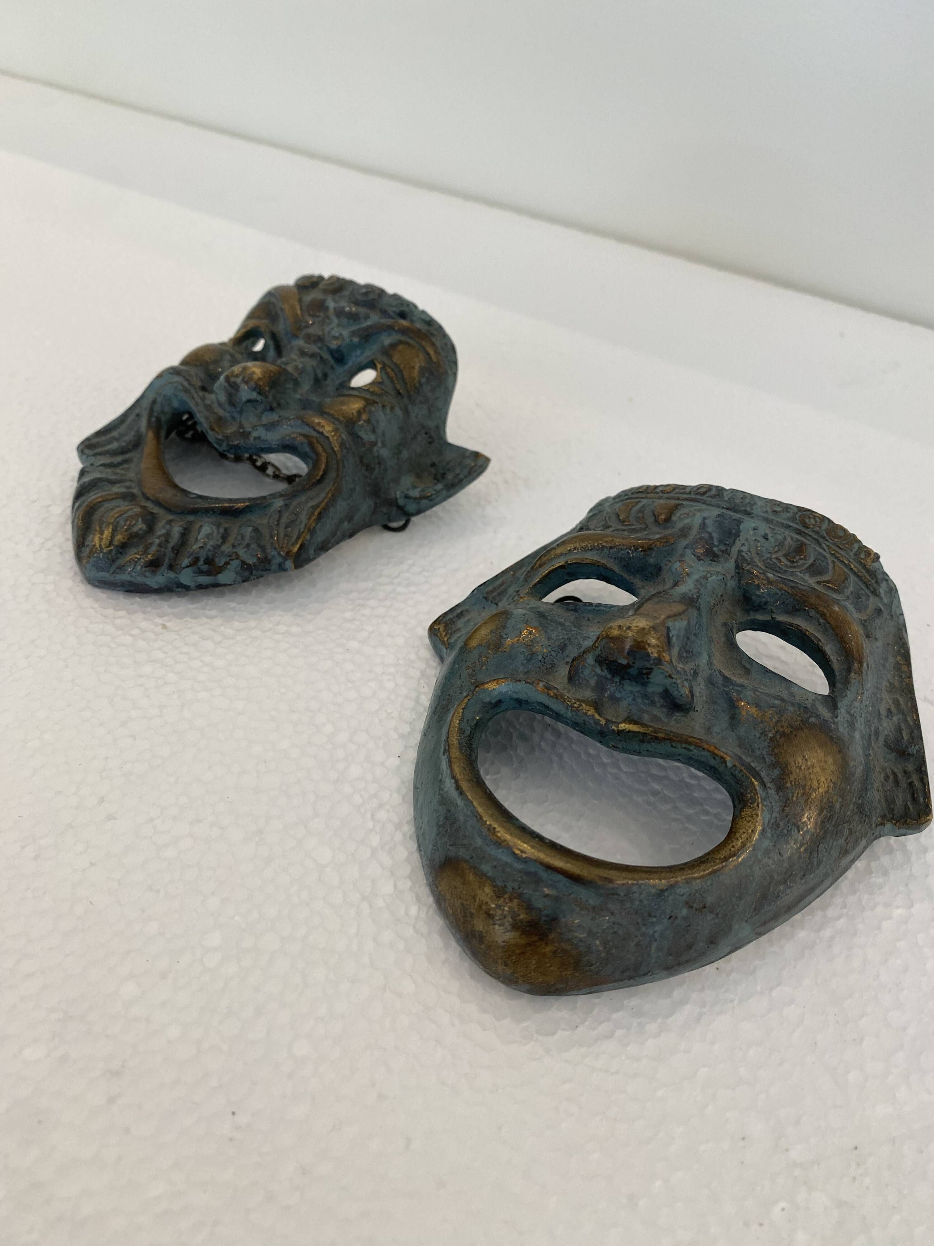 Pair of Small Decorative Bronze/Brass Greek Theatre Masks Wall Hangings, 19
