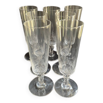 7 Champagne flutes in light cut crystal – Art Nouveau