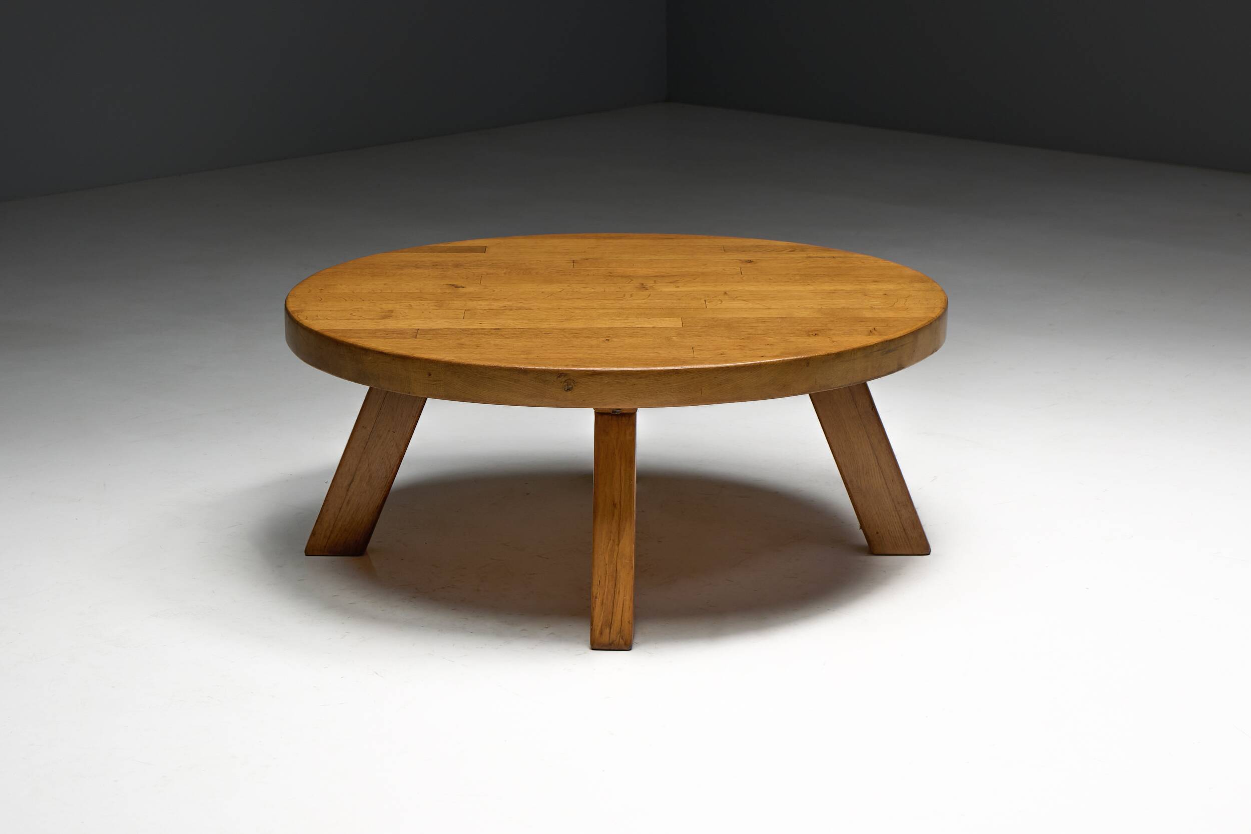 Brutalist Round Coffee Table in Solid Wood, France, 1960s