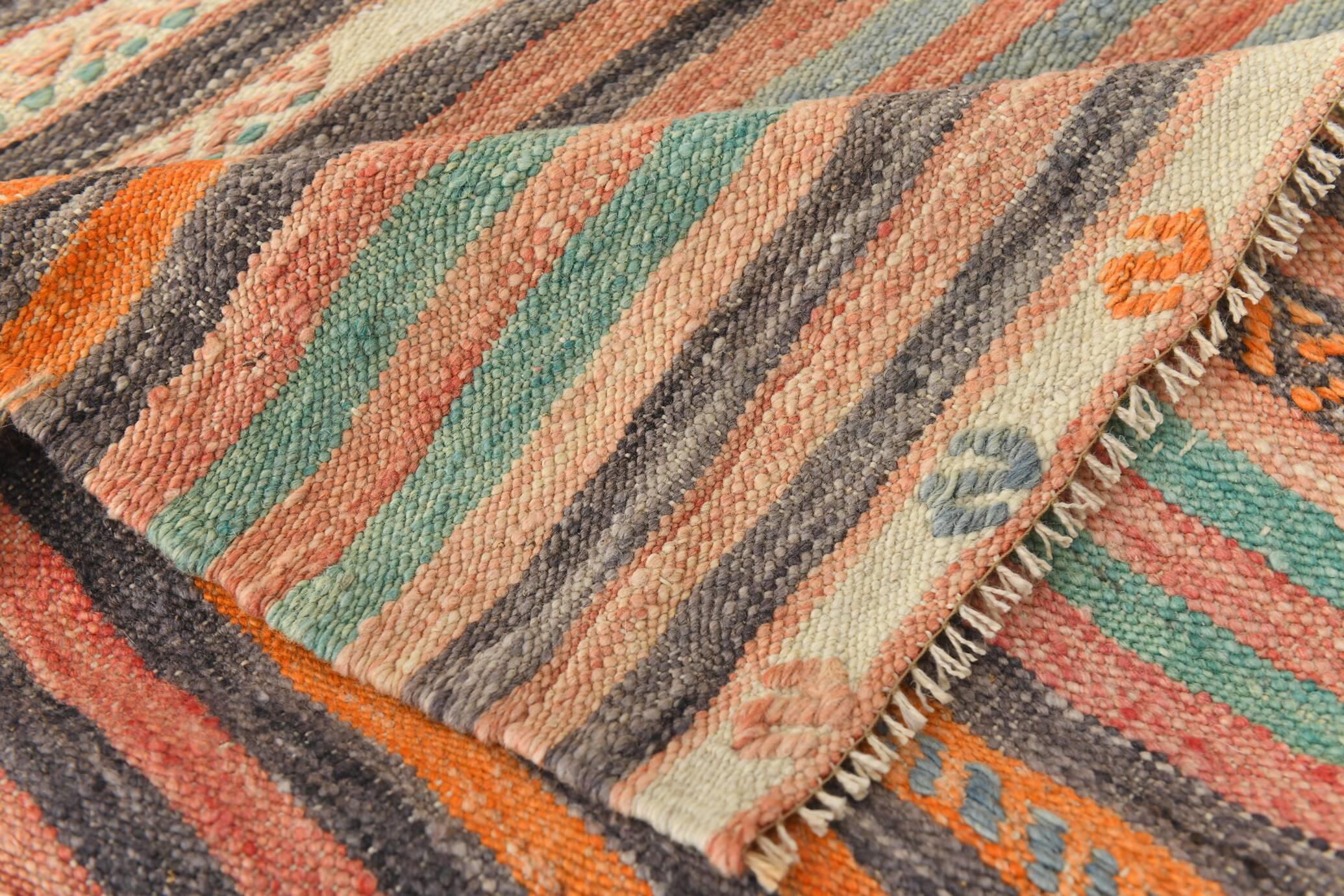 6x7 Pale Red Striped Vintage Kilim Rug, 201x227Cm