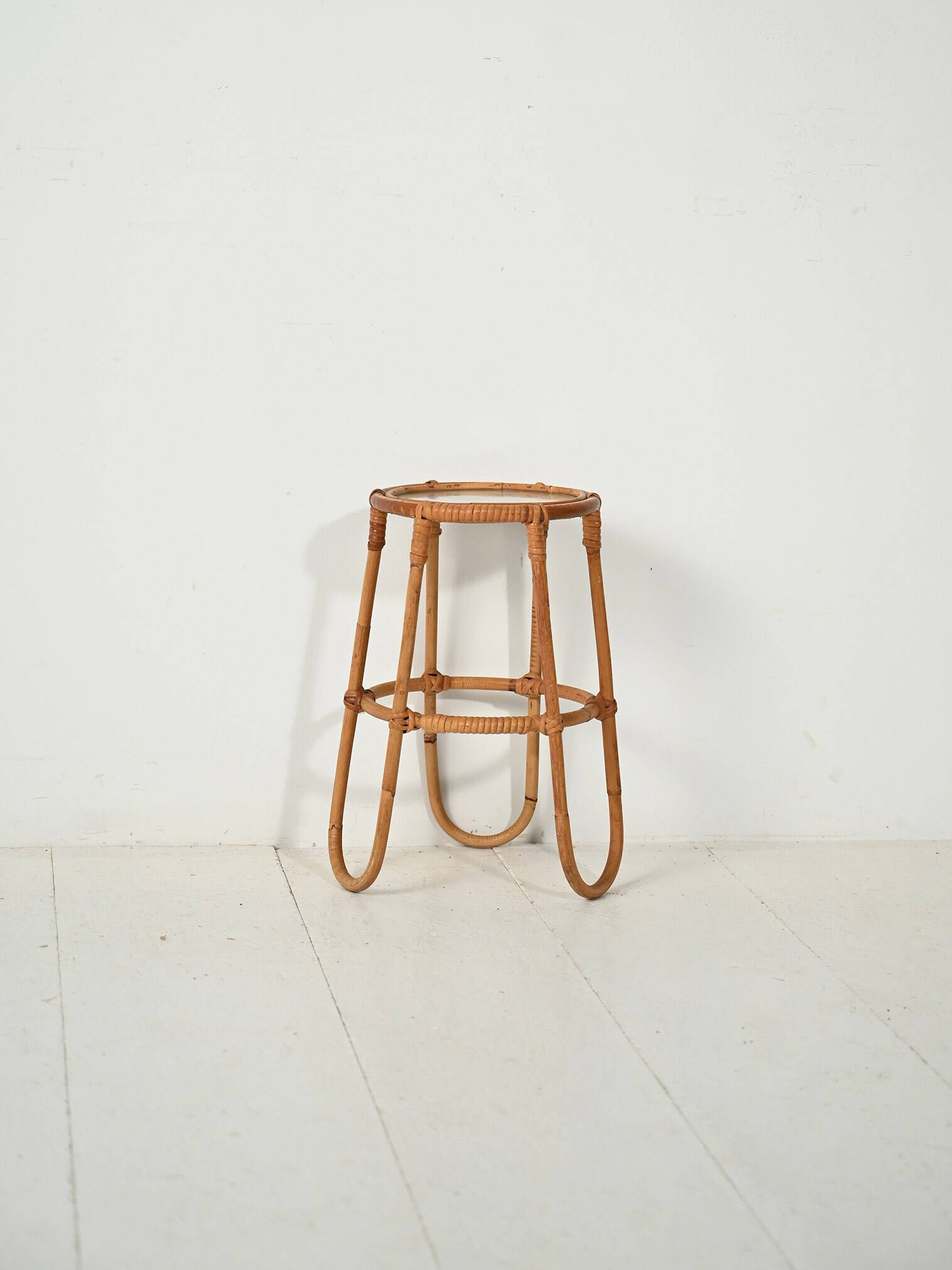 Scandinavian Bamboo Plant Stand with Frosted Glass, 1960s