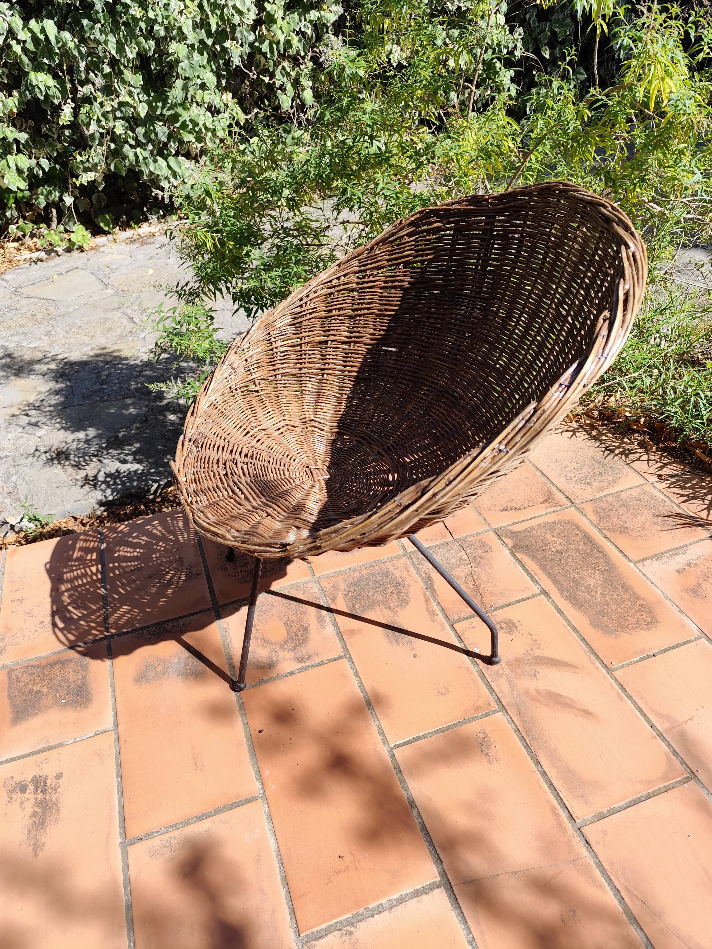 Vintage 1950s rattan and wrought iron basket armchair