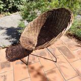 Vintage 1950s rattan and wrought iron basket armchair