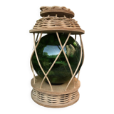 Old ratan table lamp, rattan and blown glass.