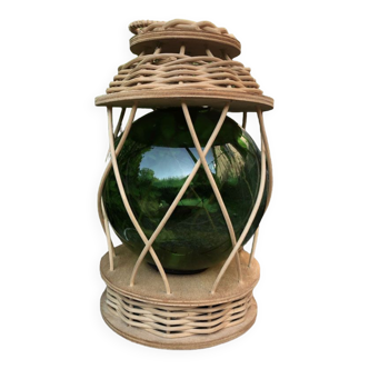 Old ratan table lamp, rattan and blown glass.