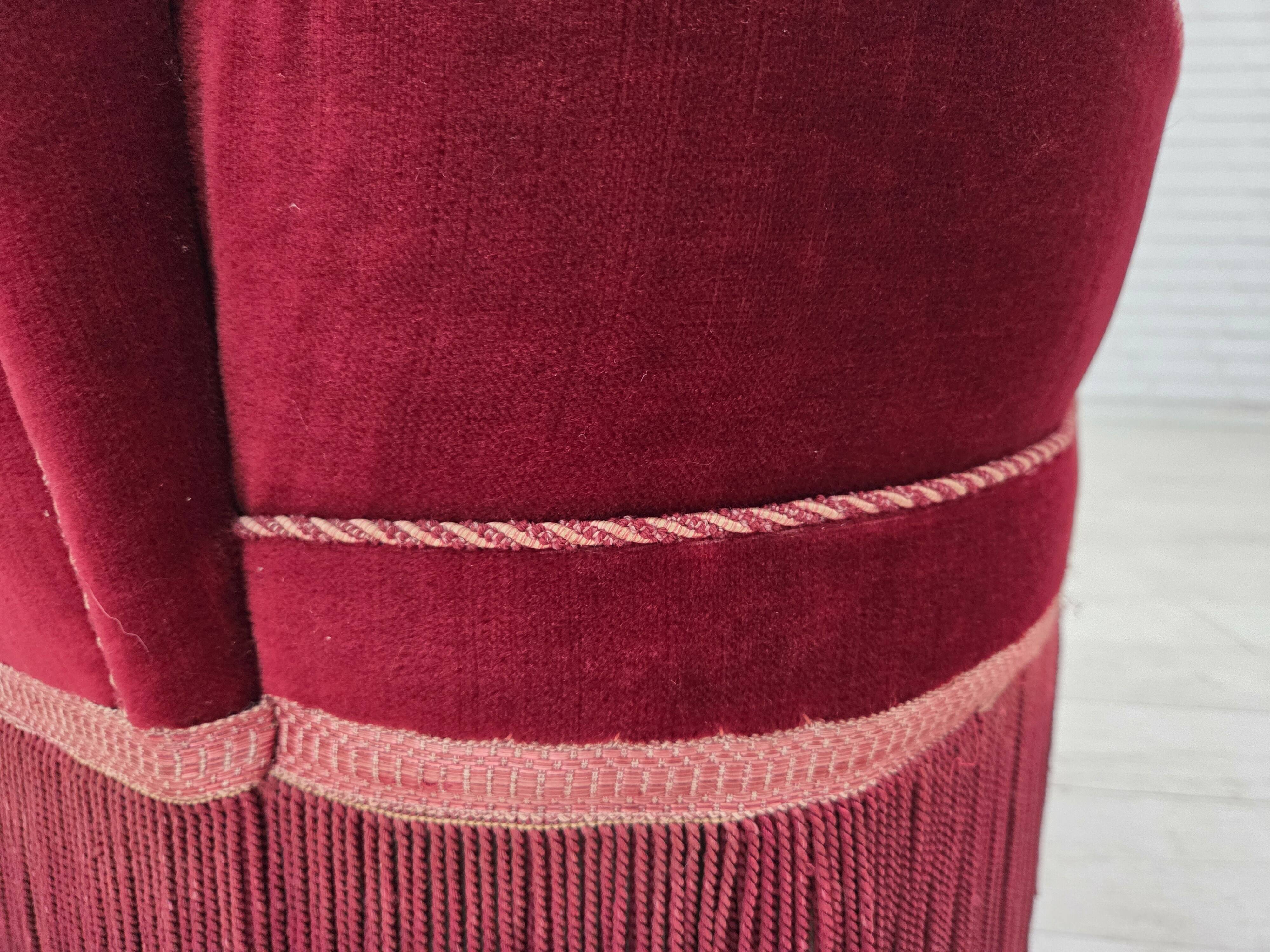 1970s, Danish armchair, cherry-red furniture velour, ash wood legs.