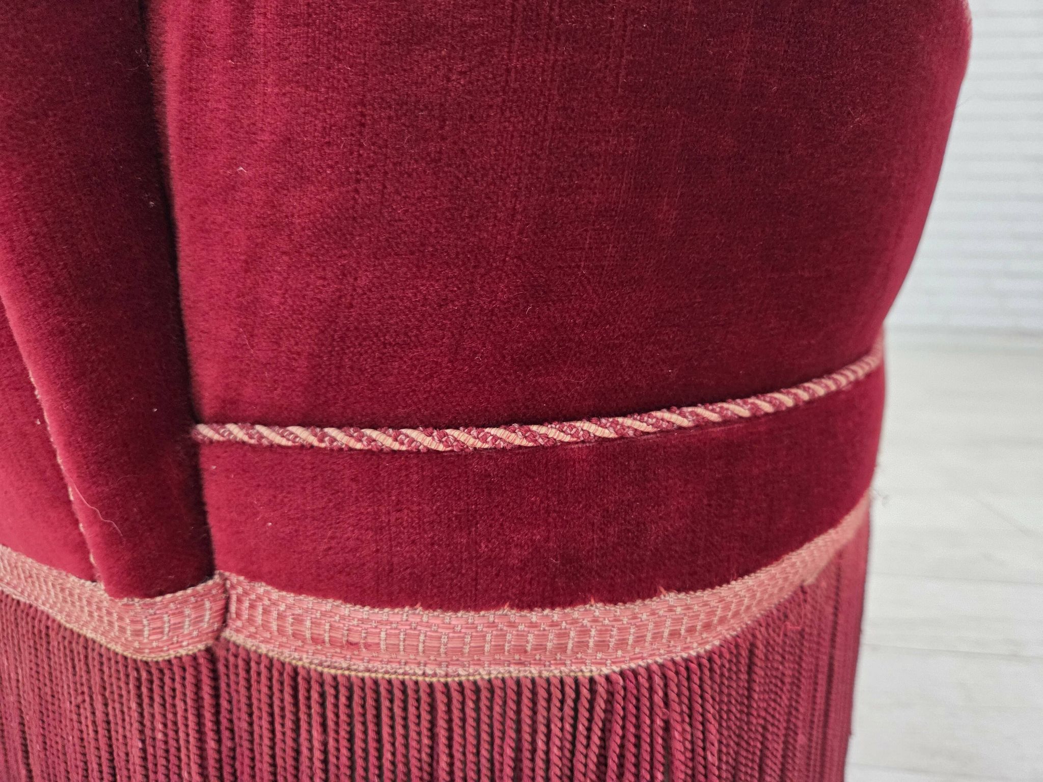 1970s, Danish armchair, cherry-red furniture velour, ash wood legs.