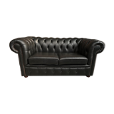 Two seater black leather chesterfield sofa