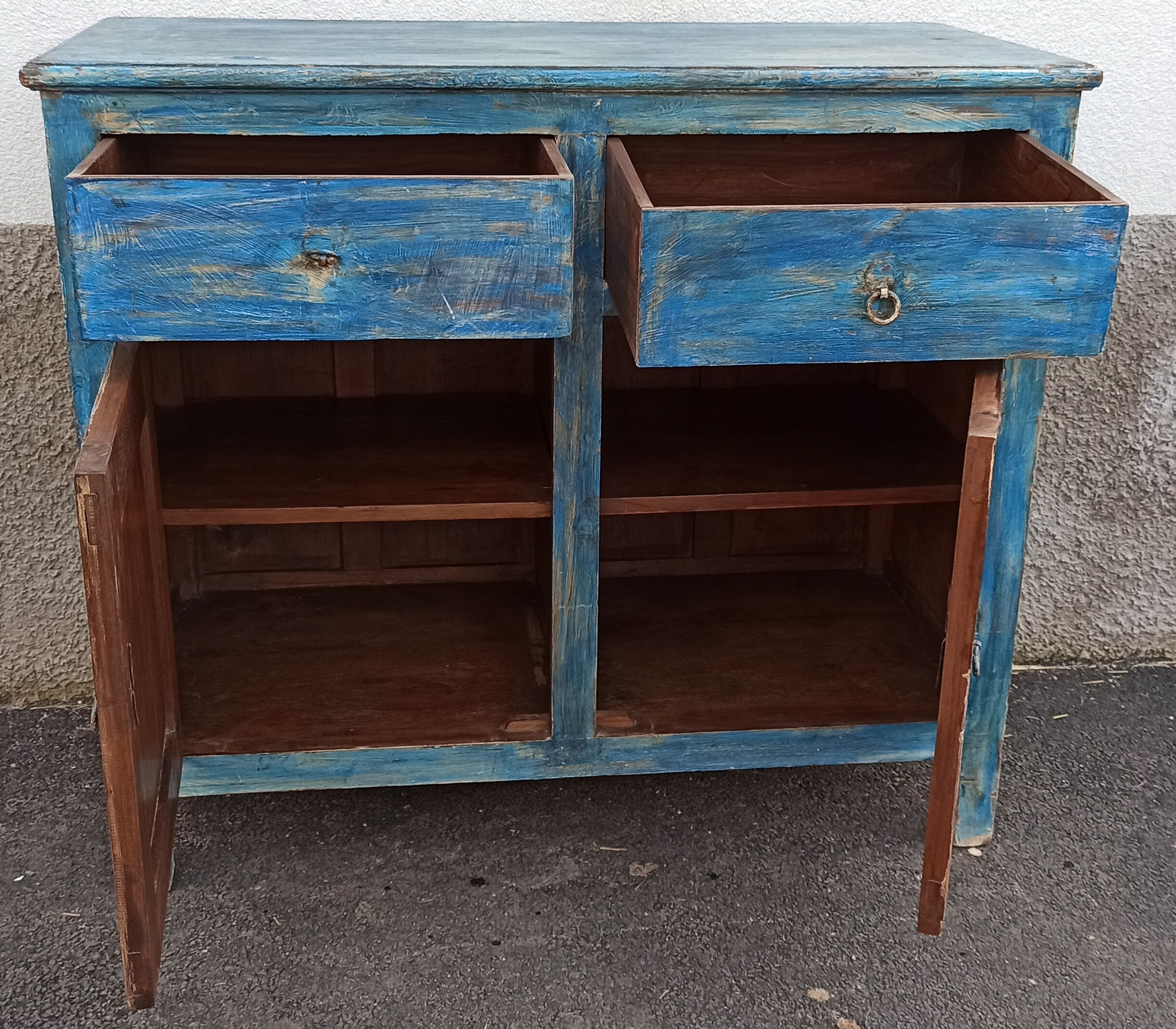 Blue wooden buffet with 2 drawers and 2 doors