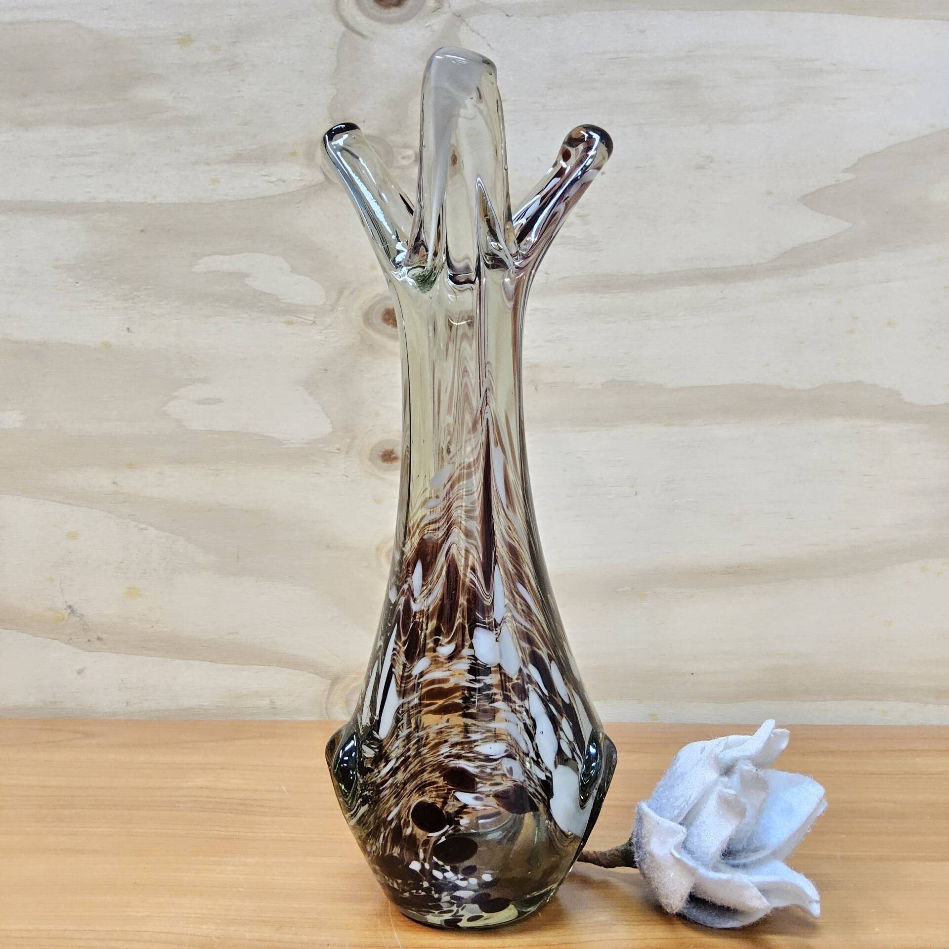 Vintage Murano glass vase, amber/white speckled finger vase