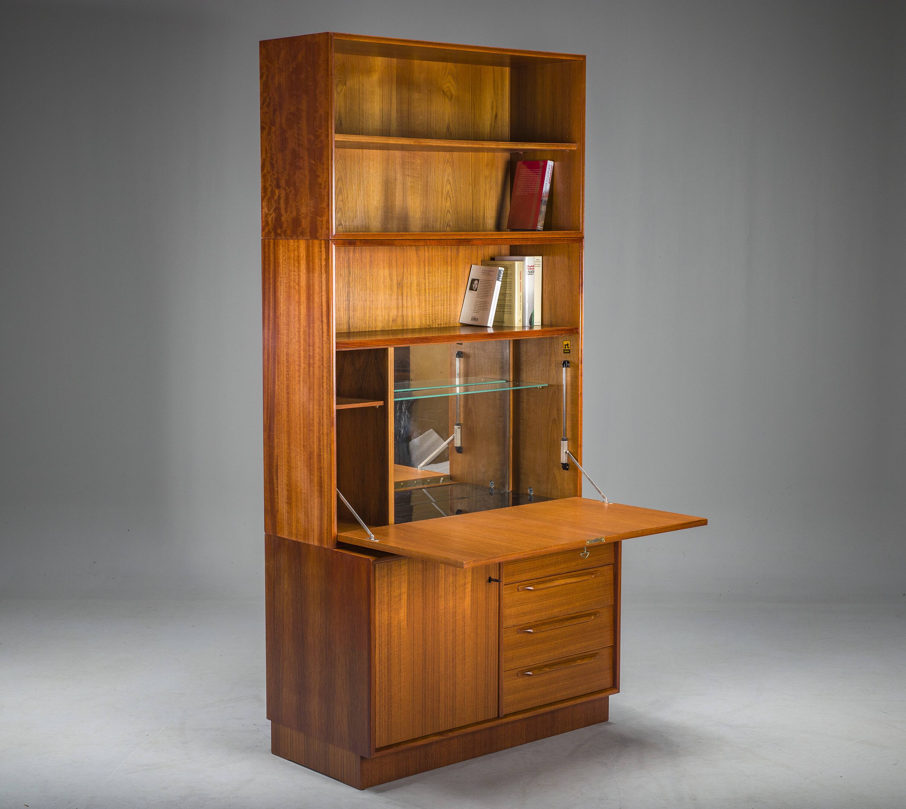 Large Vintage Bookcase with Bar in Teak by Heinrich Riestenpatt, 1960s