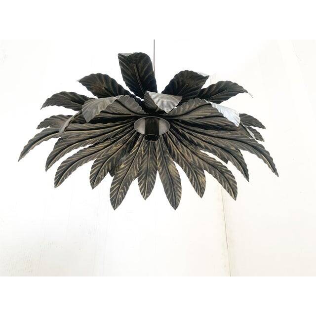 Contemporary Florentine Wrought Iron Brunito and Gold Leaves Pendant