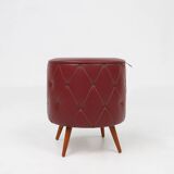 Vintage pouf with storage in dark red faux leather, France ca. 1950