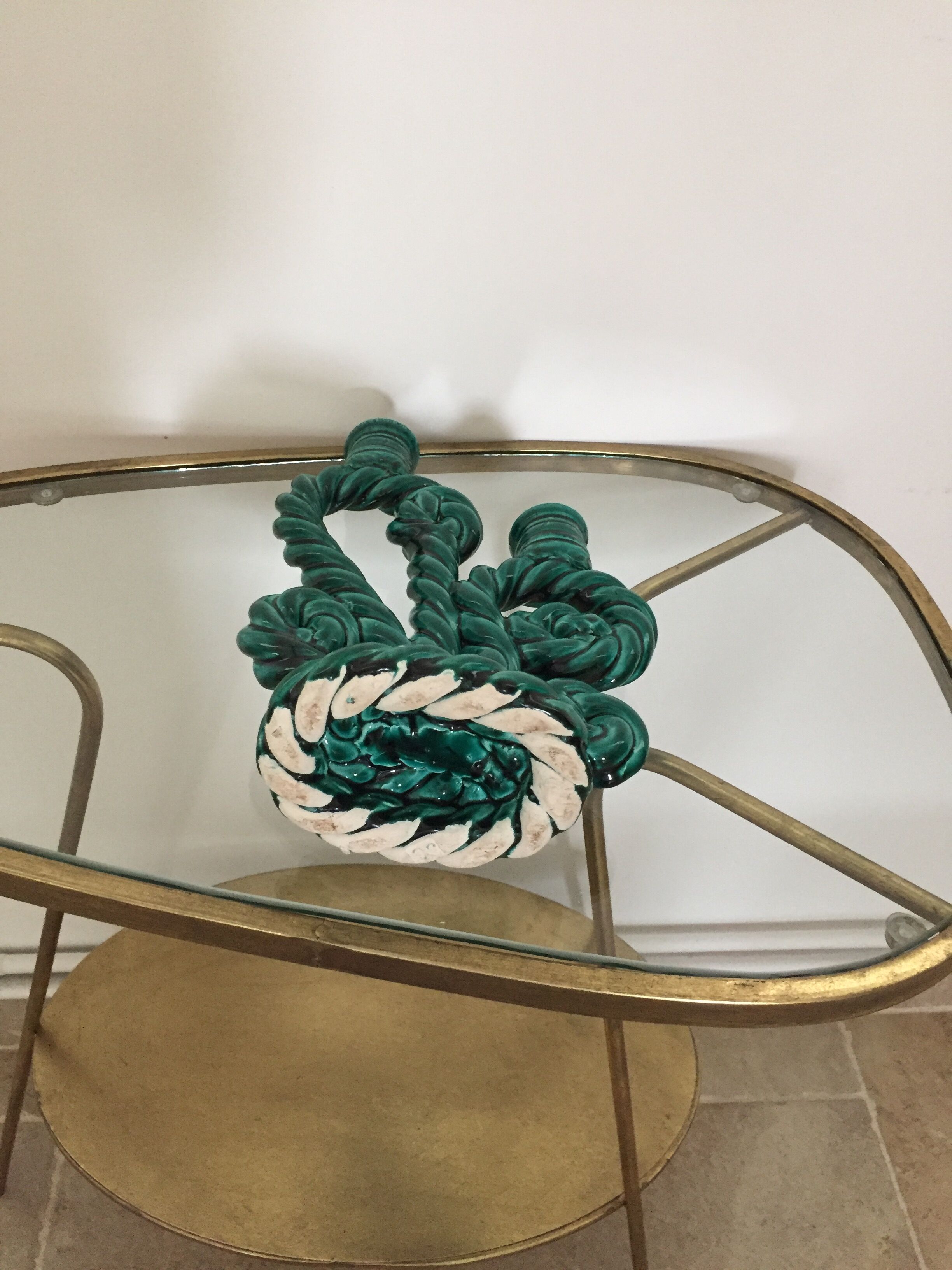 Double candlestick in green twisted ceramic vintage 50s
