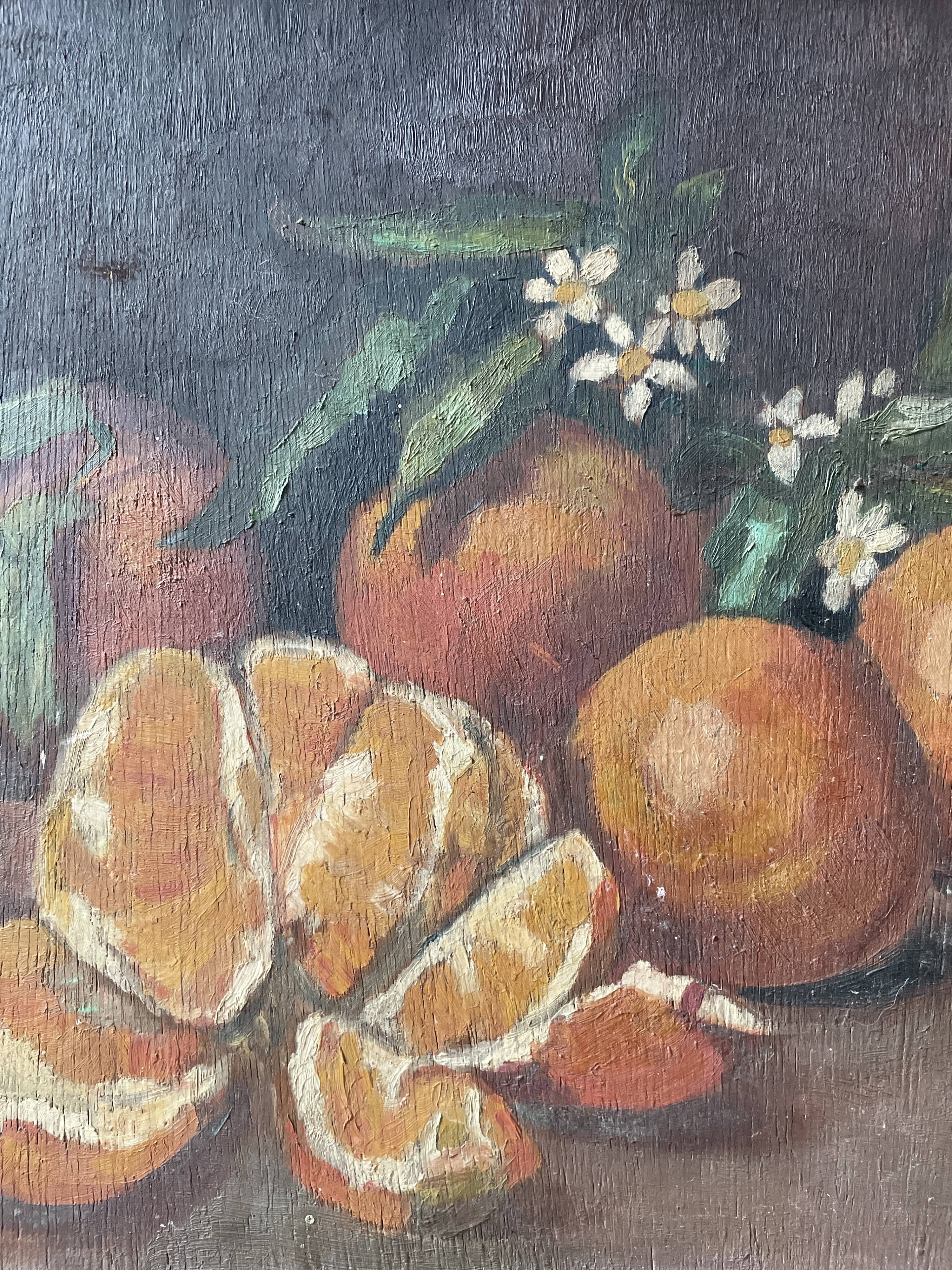 Old still life painting with oranges