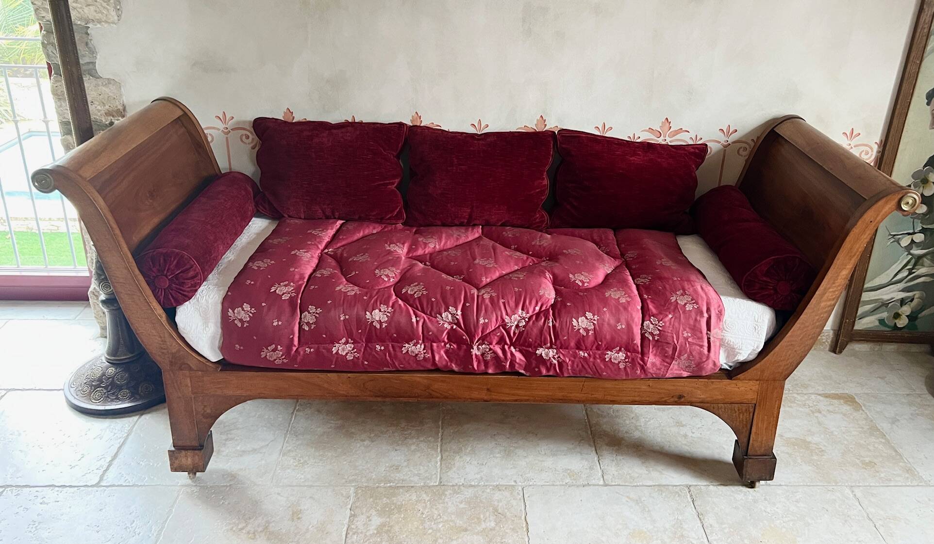 Empire style daybed (19th century) + new mattress (sleeping area 180x73cm), walnut chaise longue