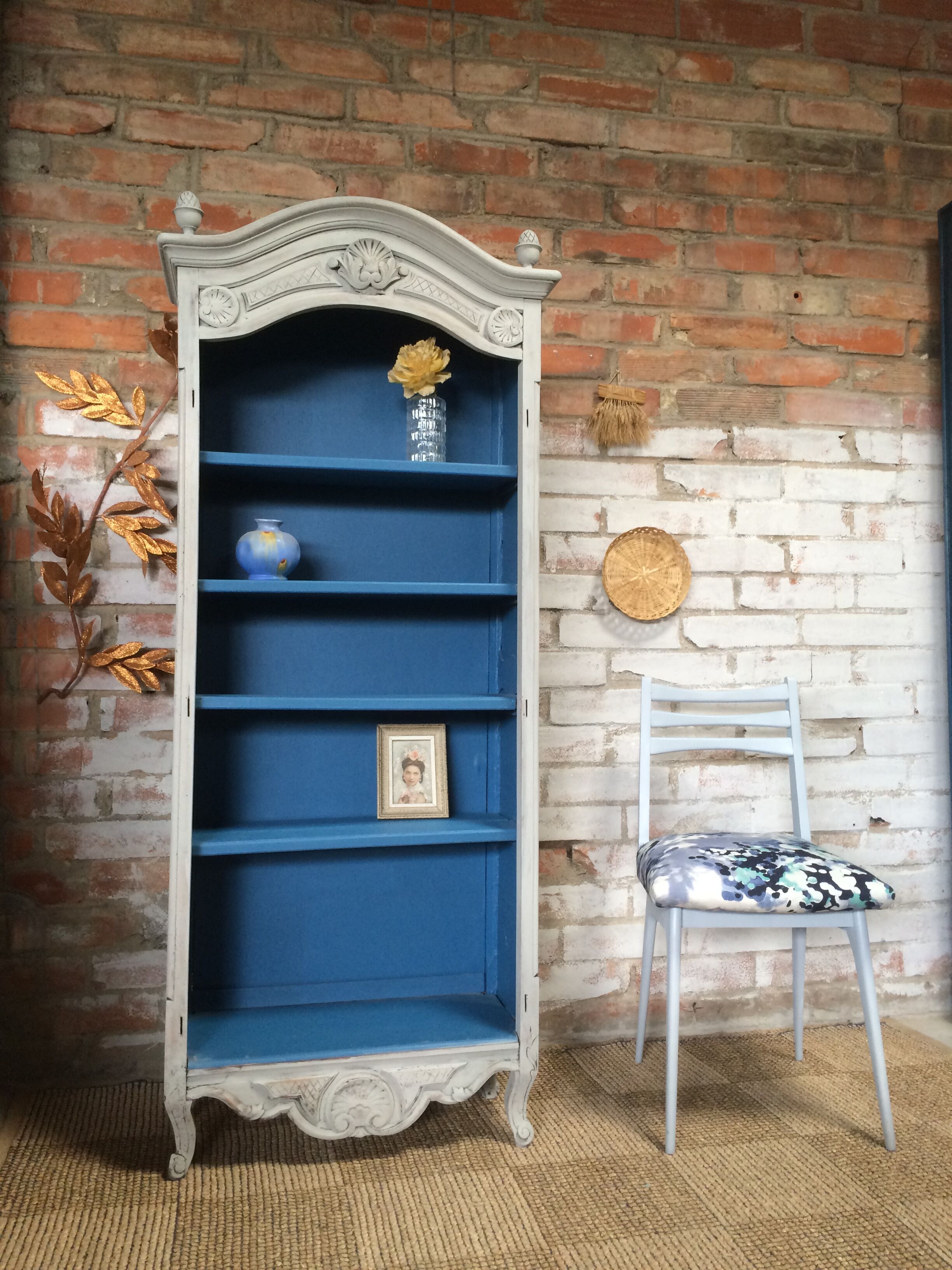 Old bookcase gray & blue wood mouldings