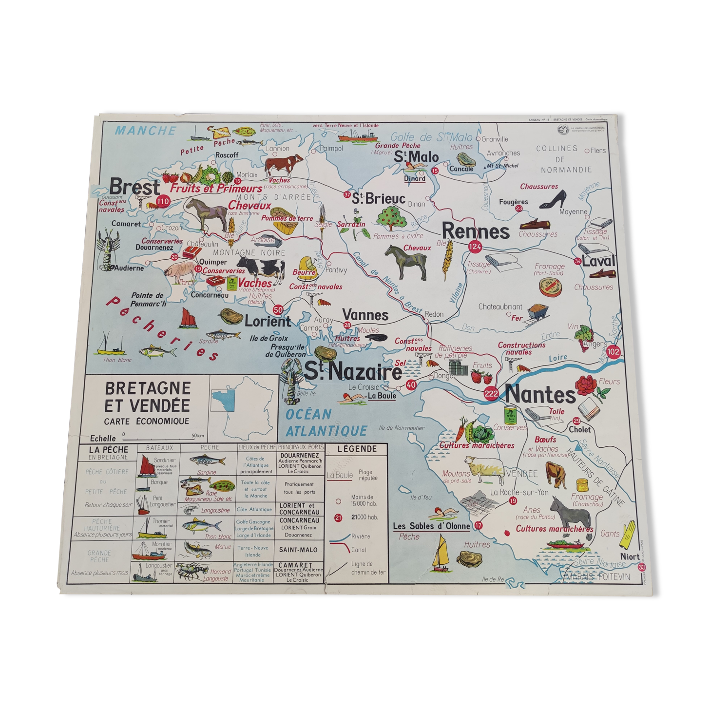 Poster school map Brittany & Vendée Region Pays de la Loire / Economic