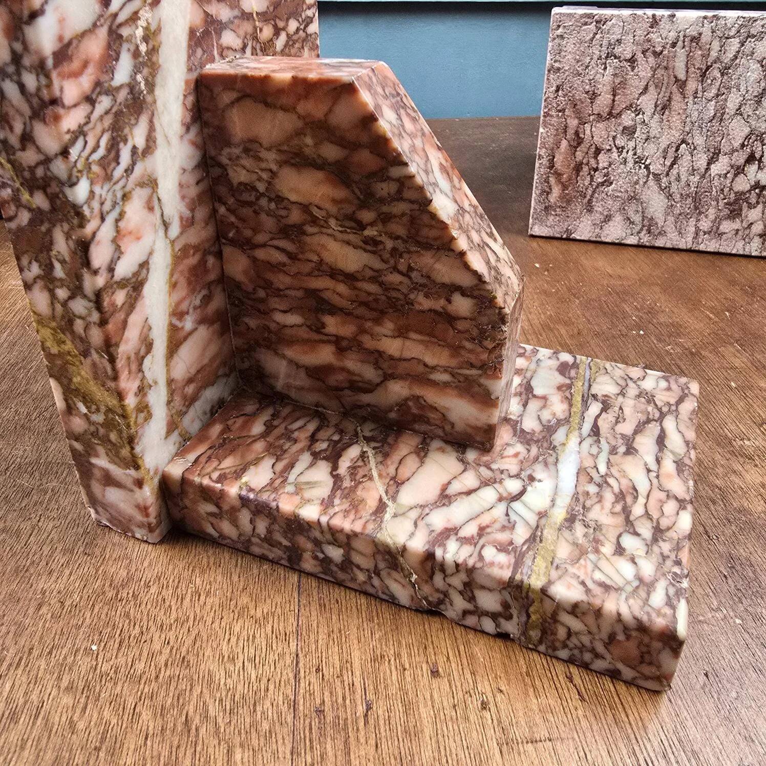 Antique pink marble bookends – Vintage Art Deco pair