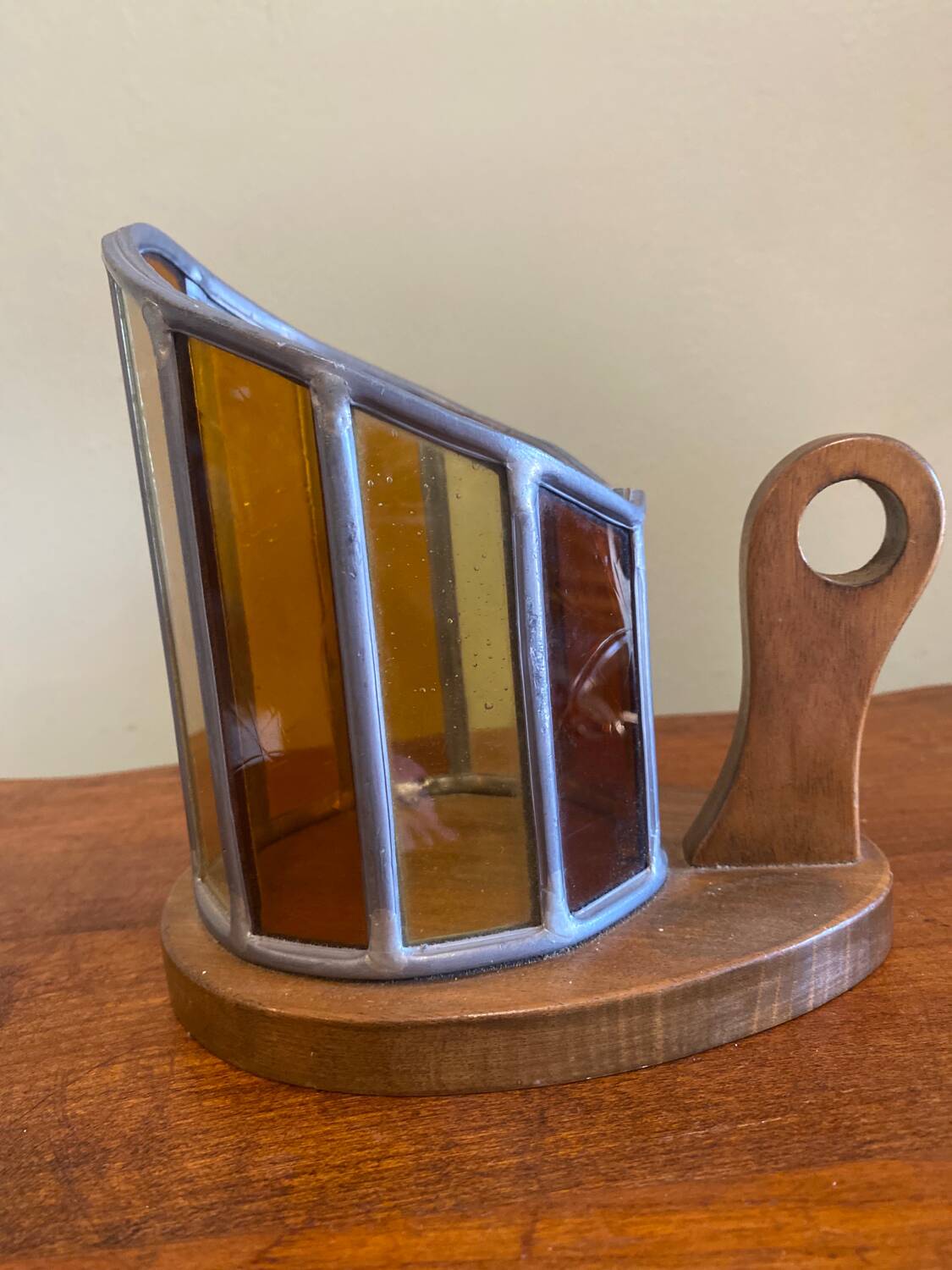 Wooden and stained glass candle holder