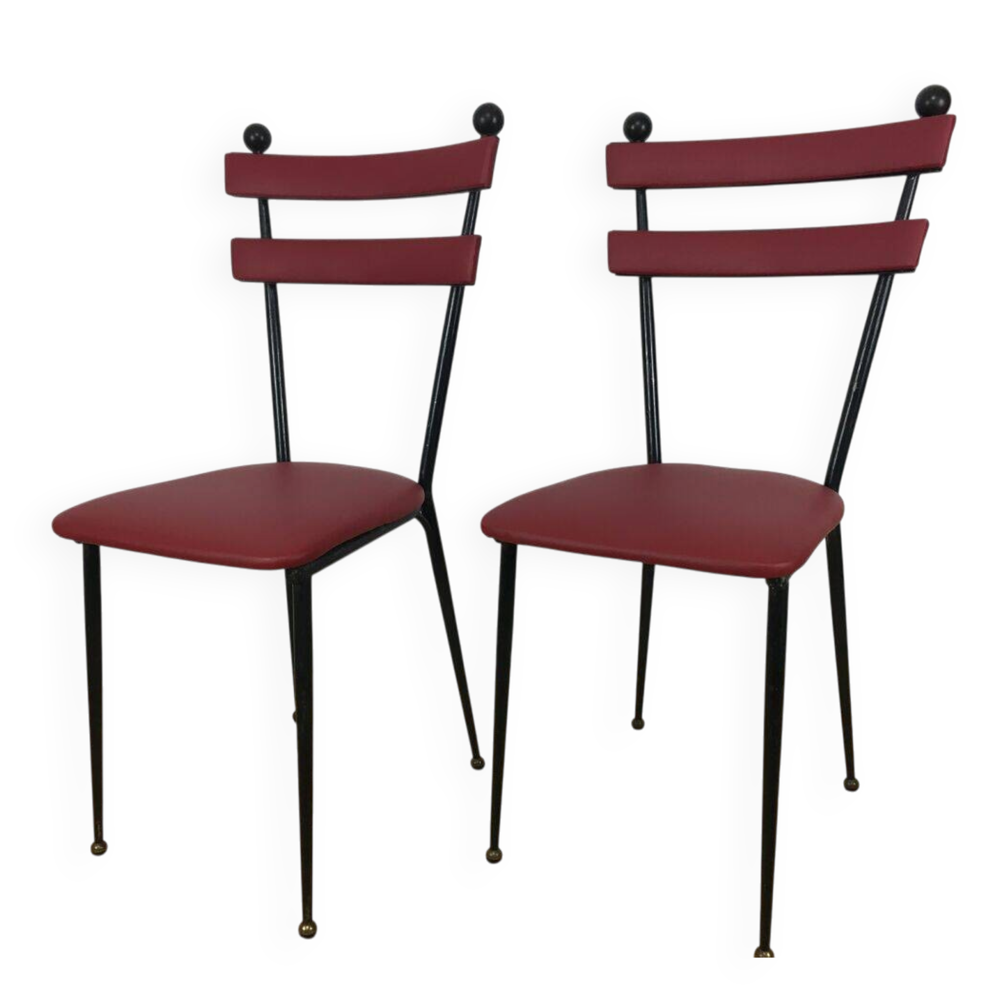 Pair of 1950s chairs in metal and red faux leather, Gueden-Adnet style.