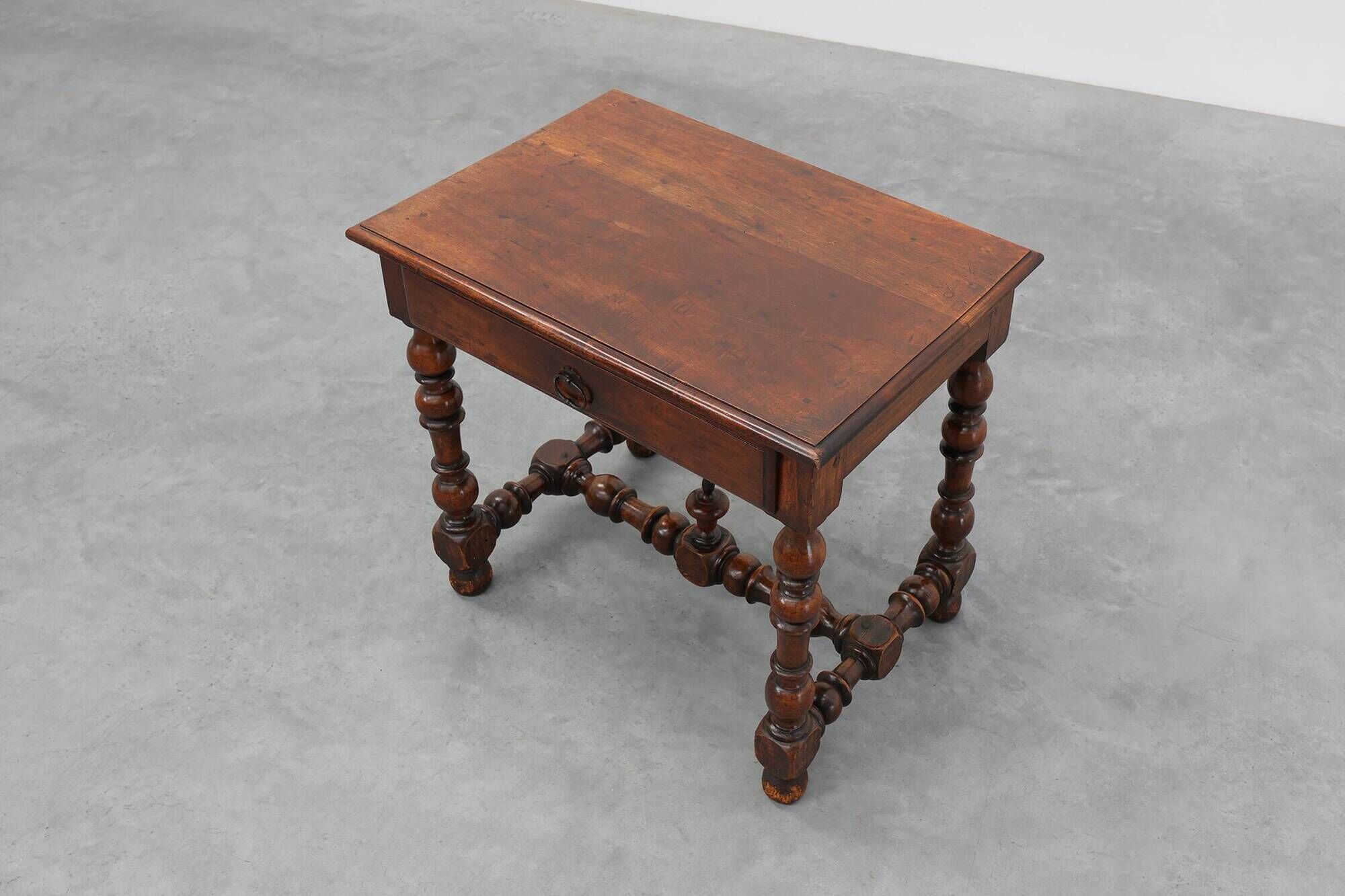 French Louis XIII Walnut Side Table with Drawer and Turned Legs, circa 1850