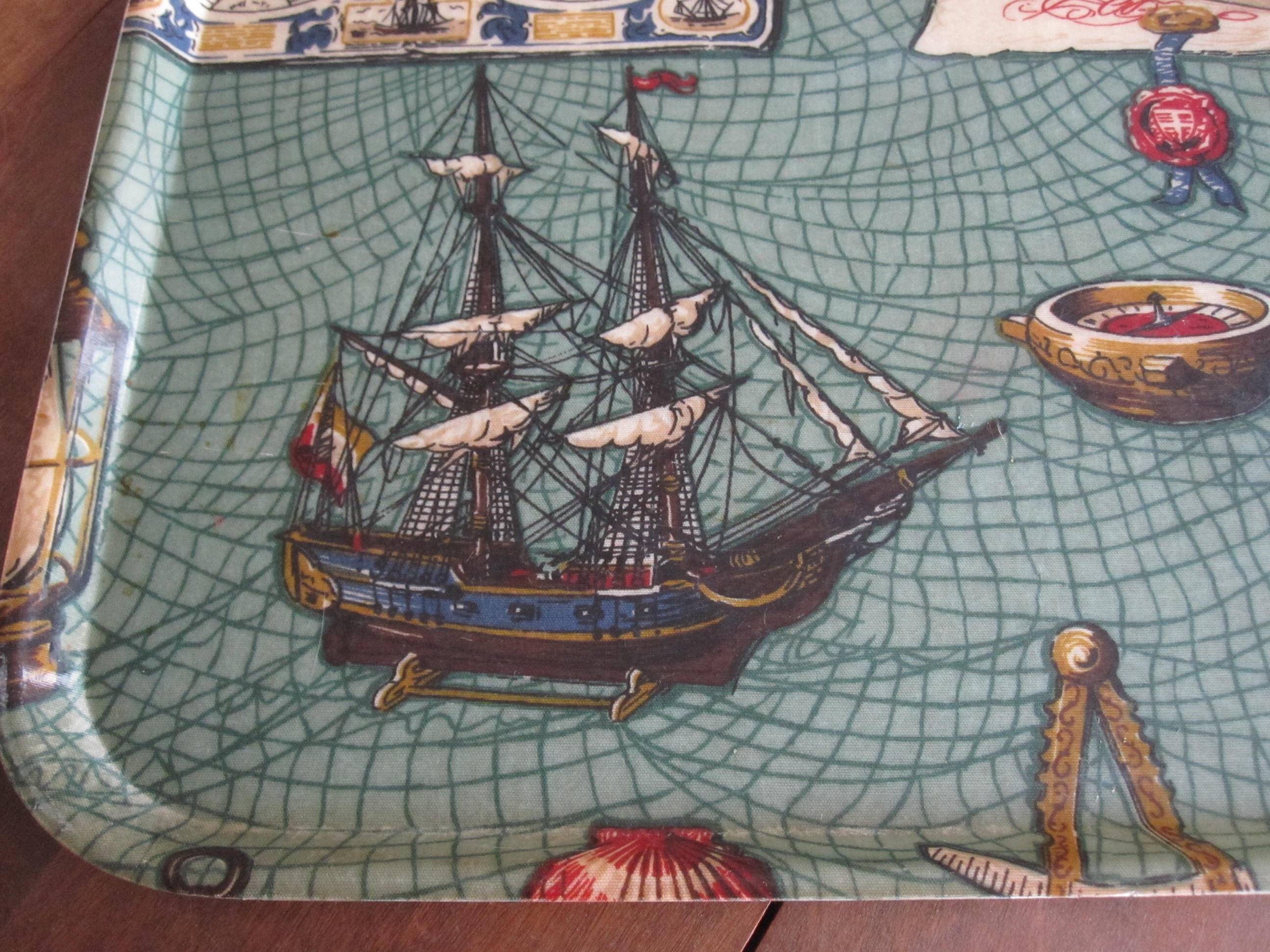 Old serving tray, boat at sea, 1960