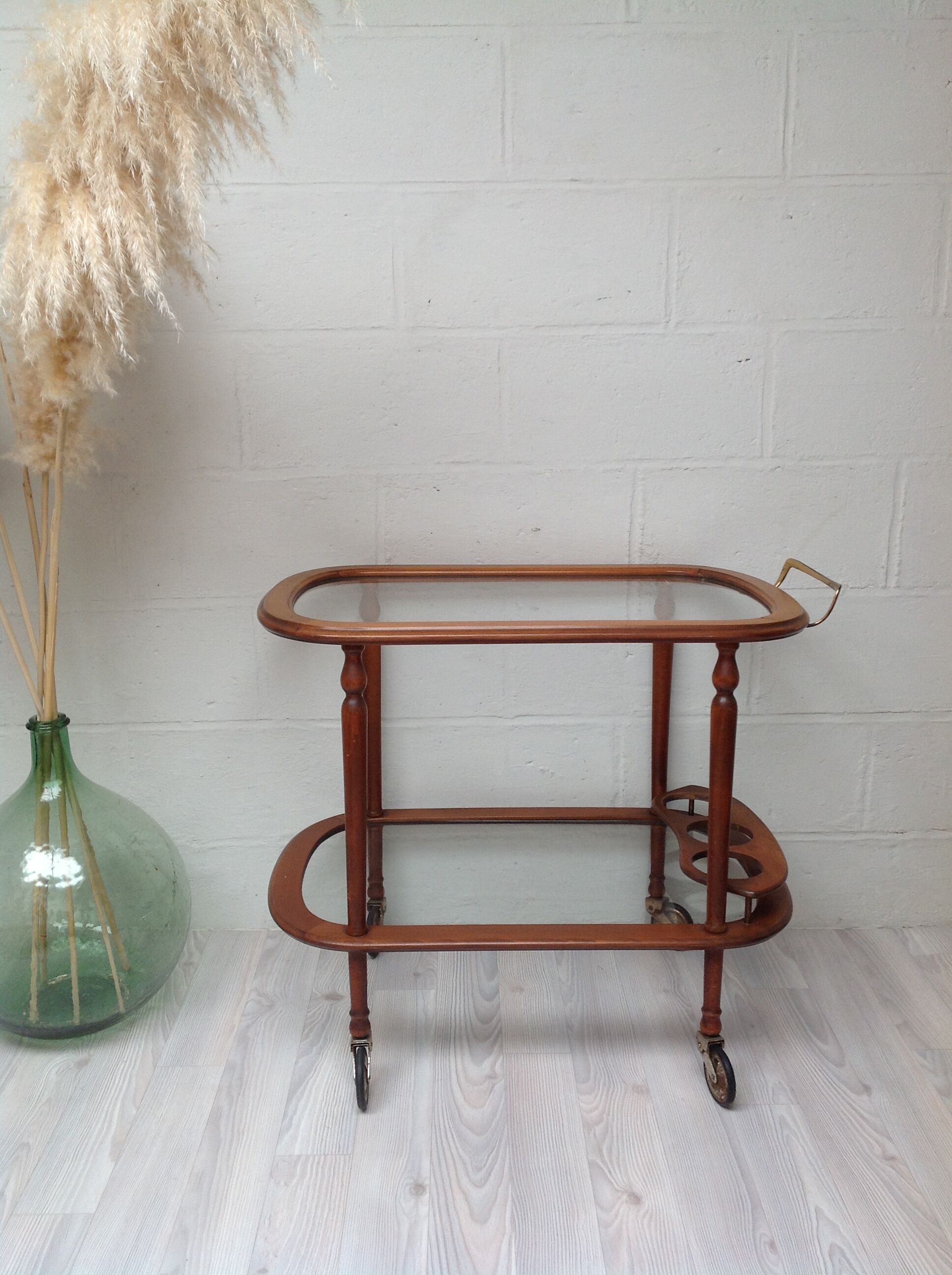 Scandinavian rolling service wood glass and brass