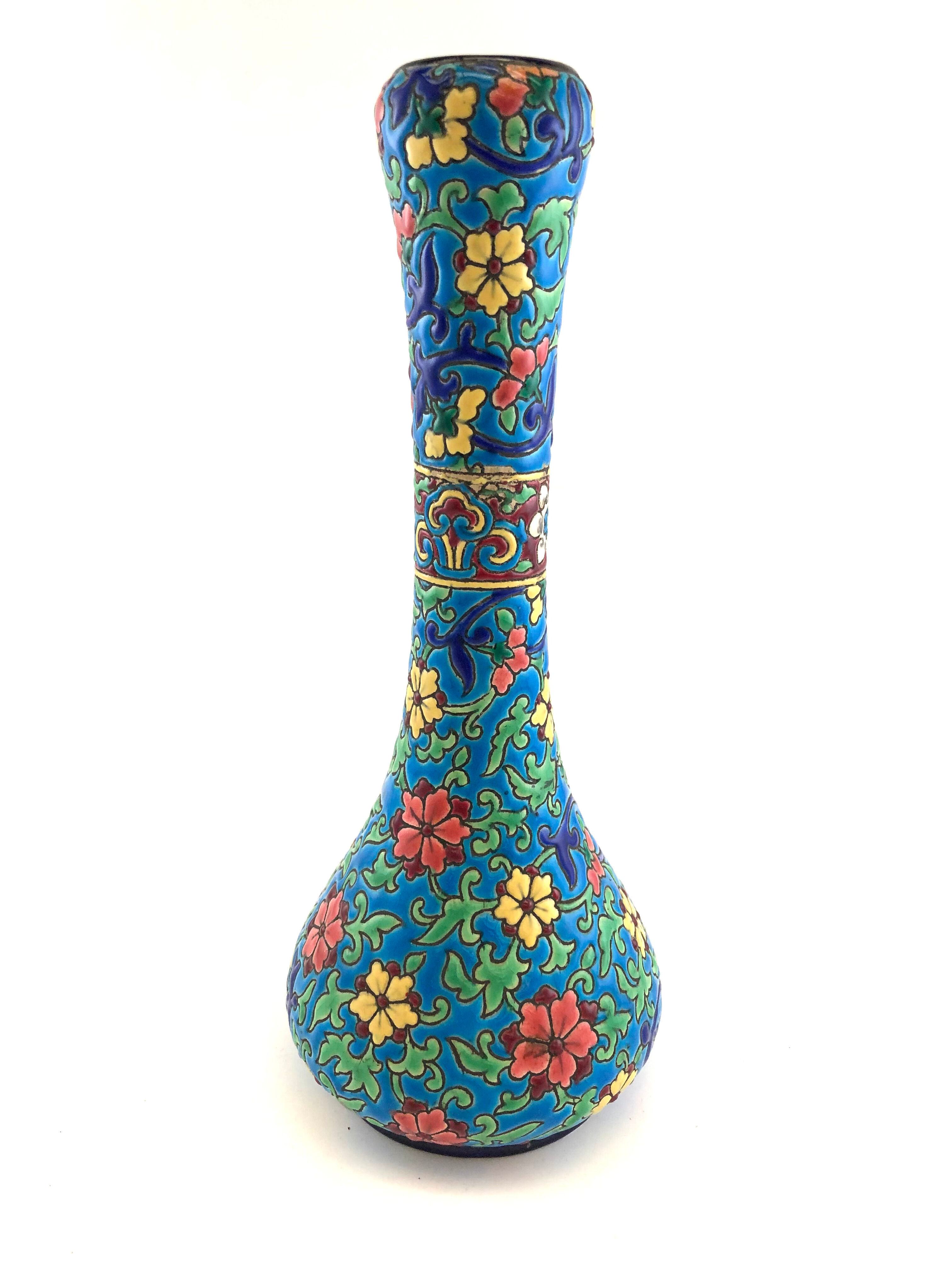 Soliflore vase in blue enamels of Longwy