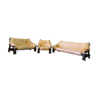 Mid-Century Leather Living Room Set in The Brazilian Style of Jean Gillon, 1970s, Set of 3.