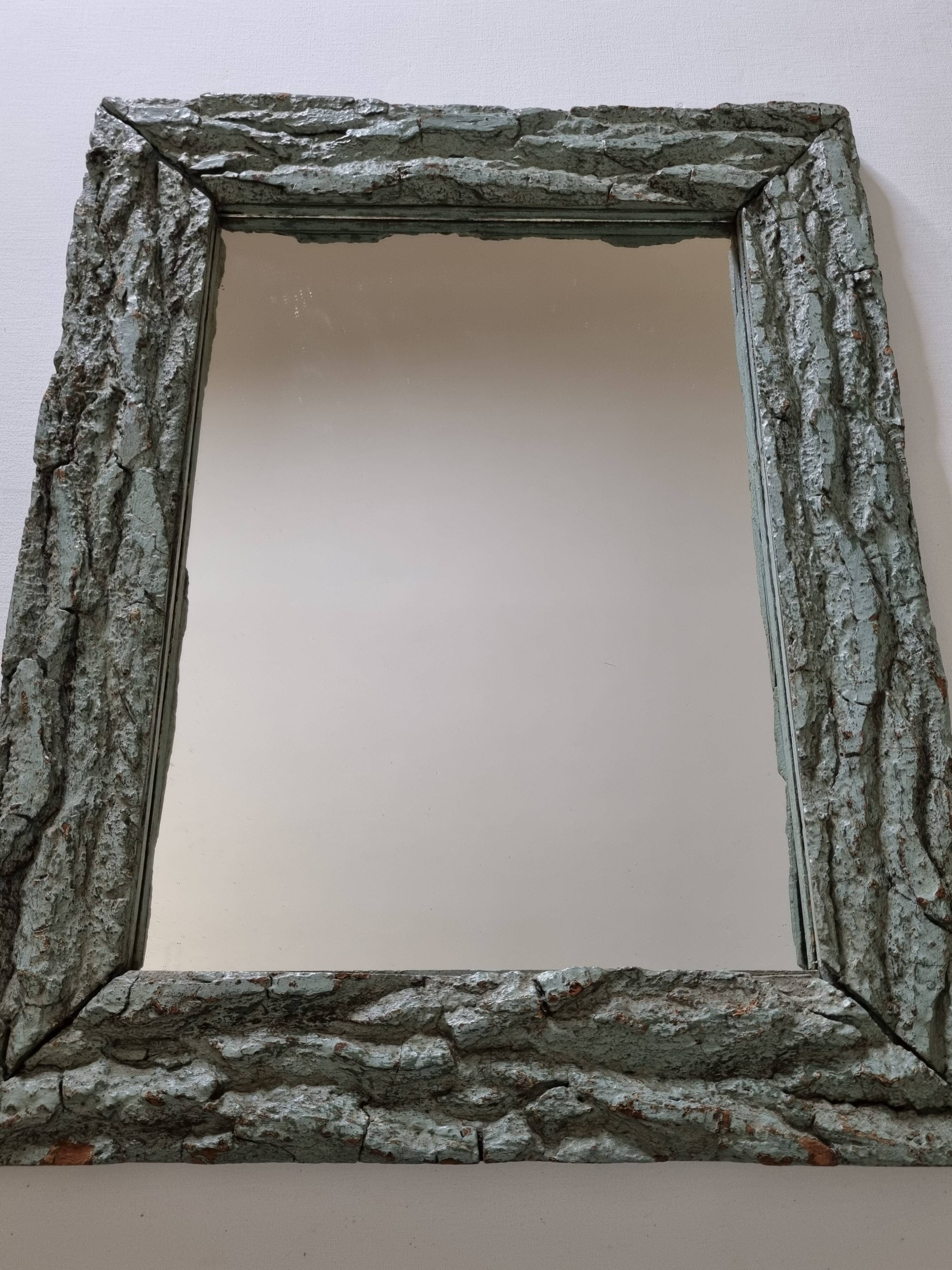 Old mirror, wooden bark frame with rustic patina, 65 cm by 50 cm