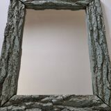Old mirror, wooden bark frame with rustic patina, 65 cm by 50 cm