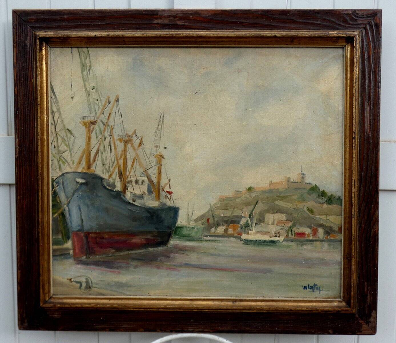 Original Impressionist Landscape Oil on Board Boats in Harbor