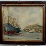 Original Impressionist Landscape Oil on Board Boats in Harbor