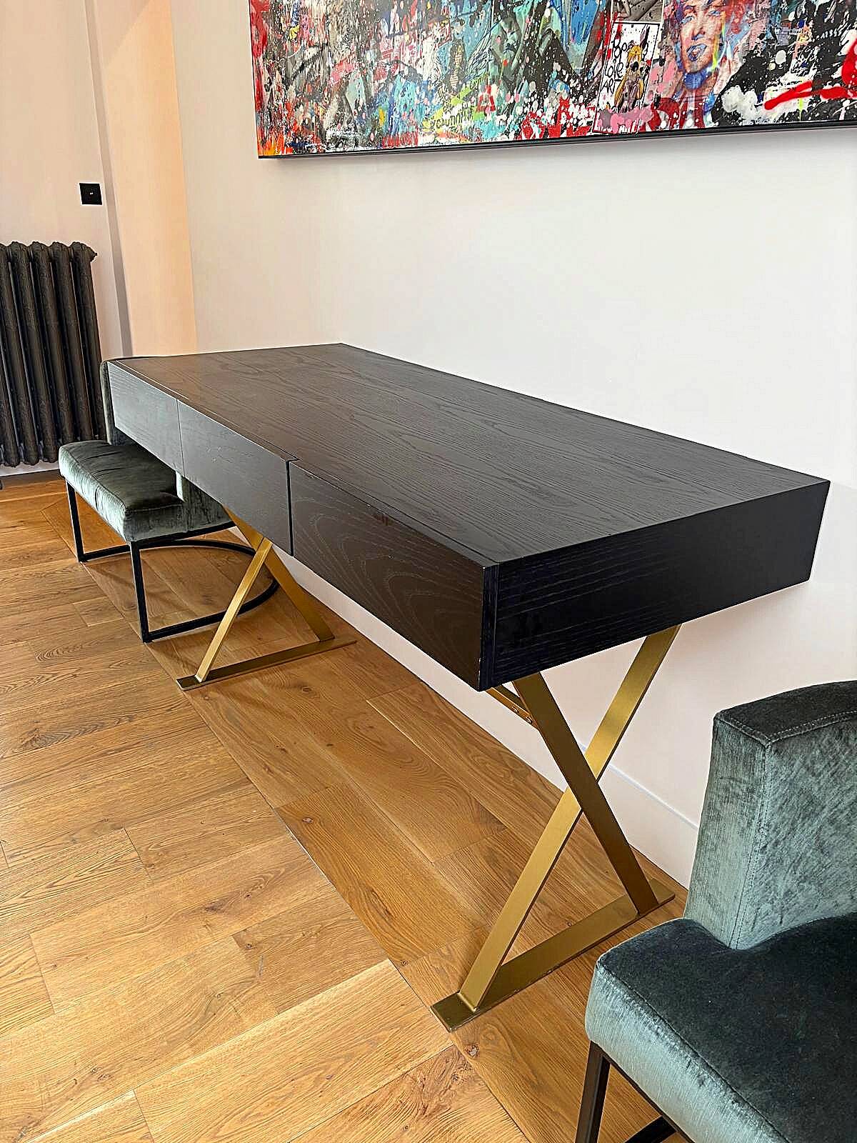 Console desk NV Gallery black wood and brass, 3 drawers.