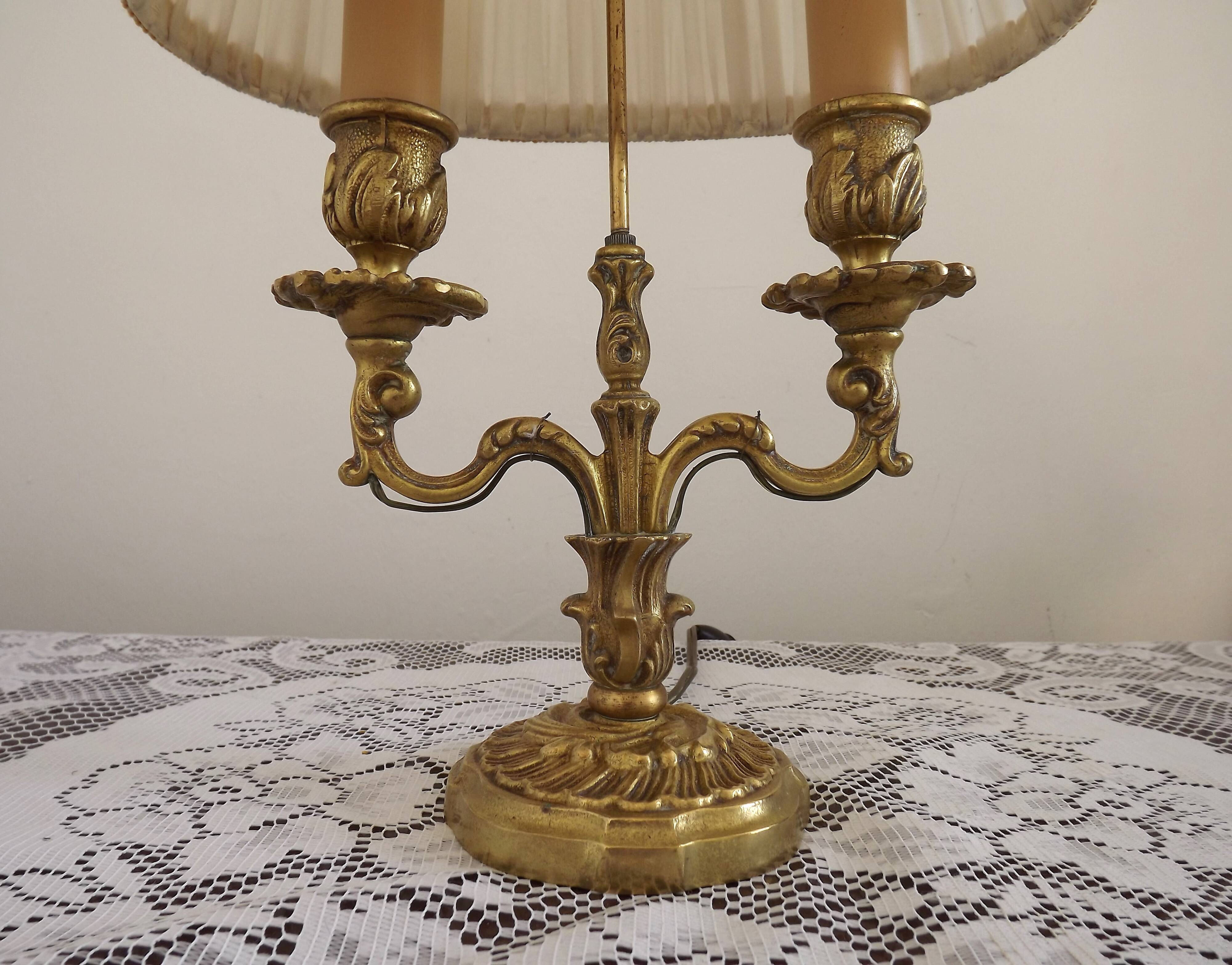 French Antique 2 Light Bronze Boulotte Table Lamp With Cream Pleated Shade