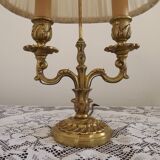 French Antique 2 Light Bronze Boulotte Table Lamp With Cream Pleated Shade