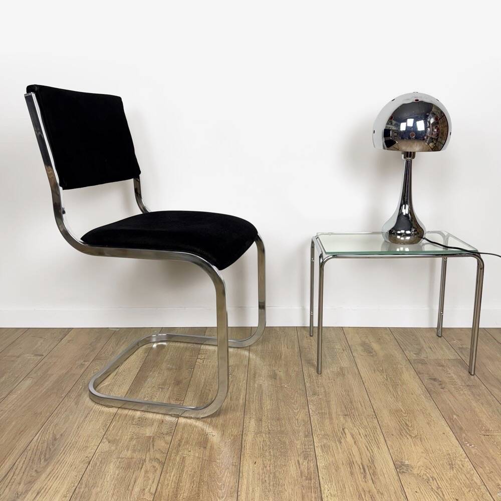 Chrome and black velvet sled chair from the 70s in Italy