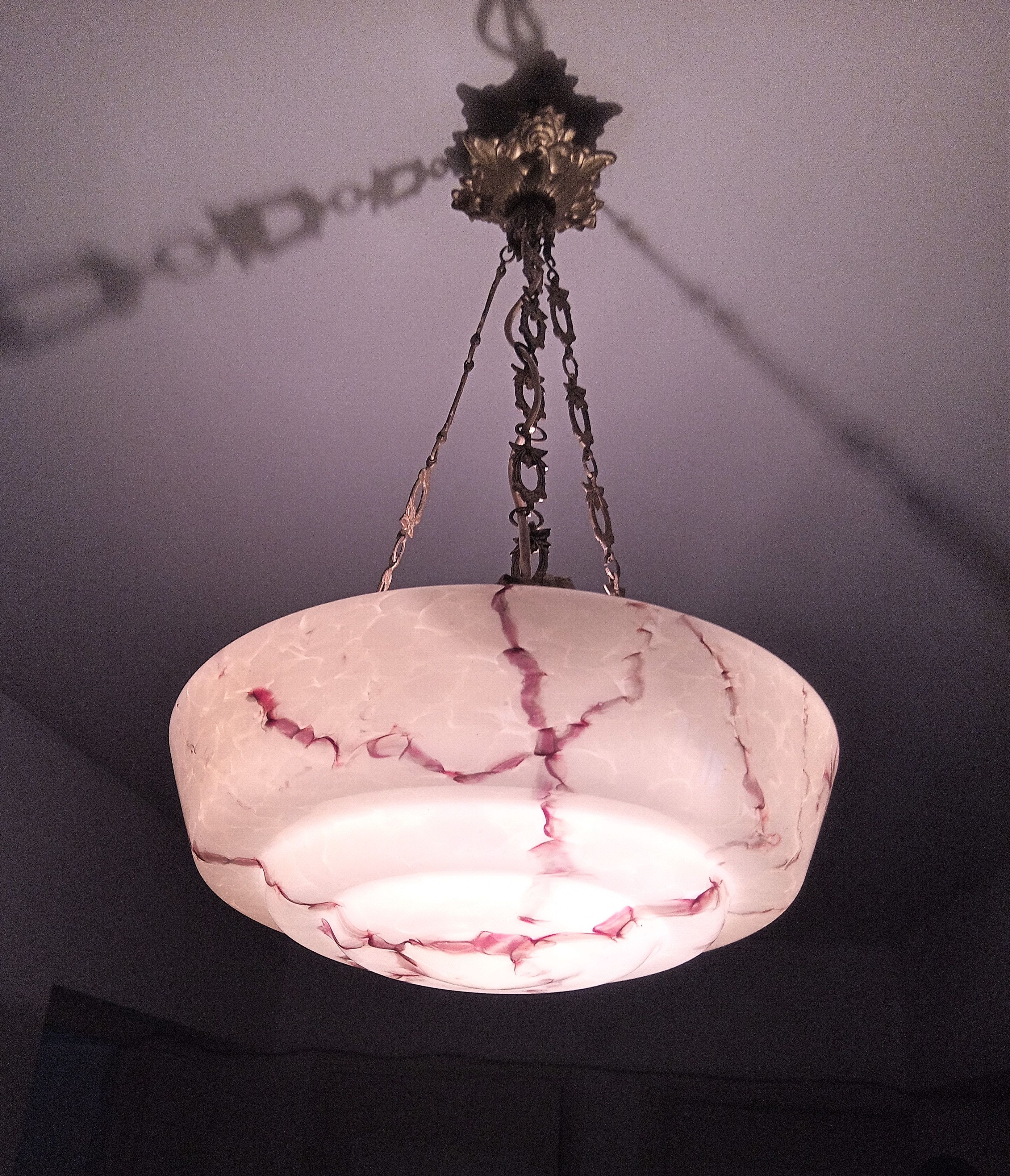 Art Deco brass and marbled glass chandelier, 1950s - 1960s