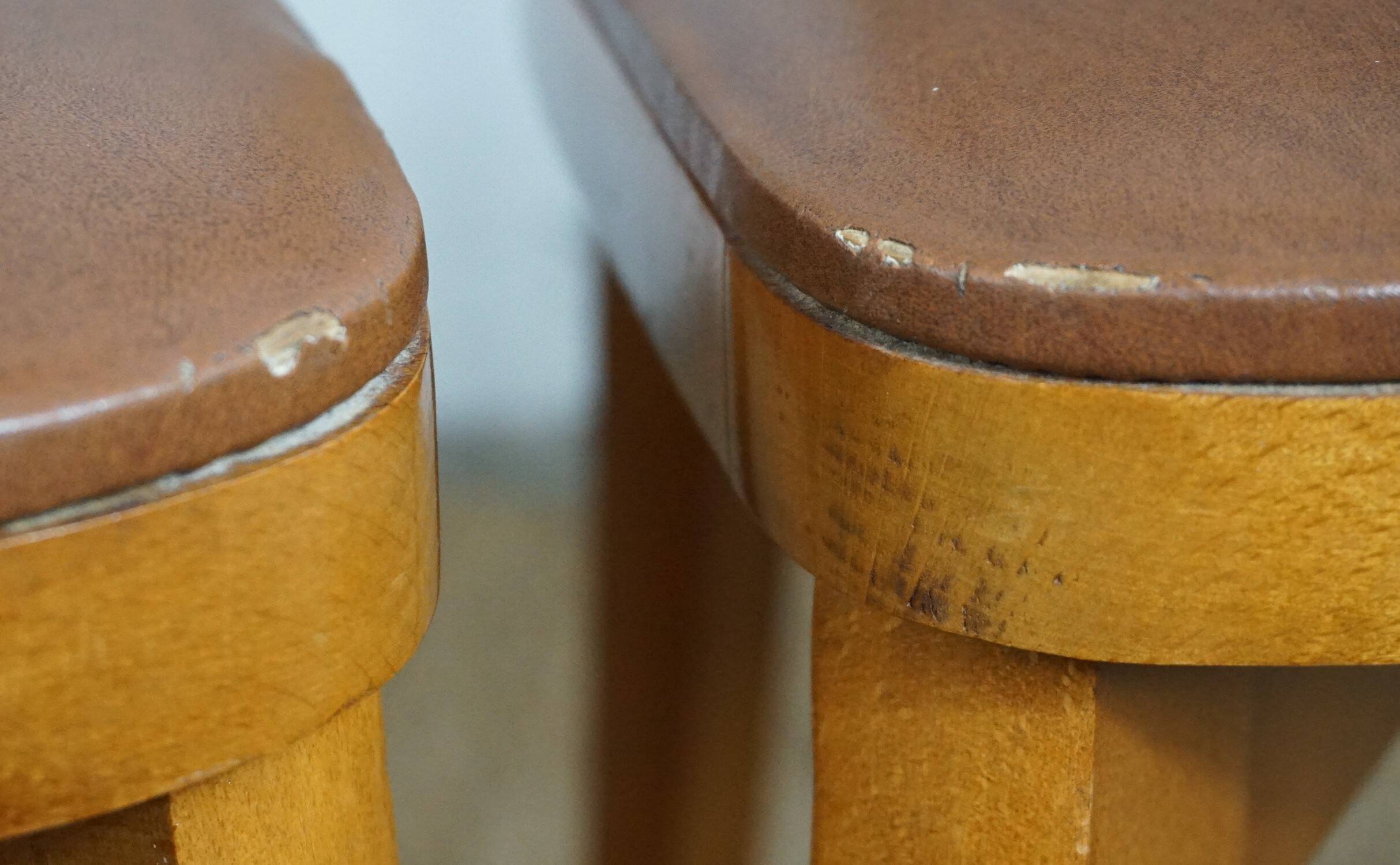 5 1960s Scandinavian style chairs in brown wood and skai, French handcrafted by Raincy