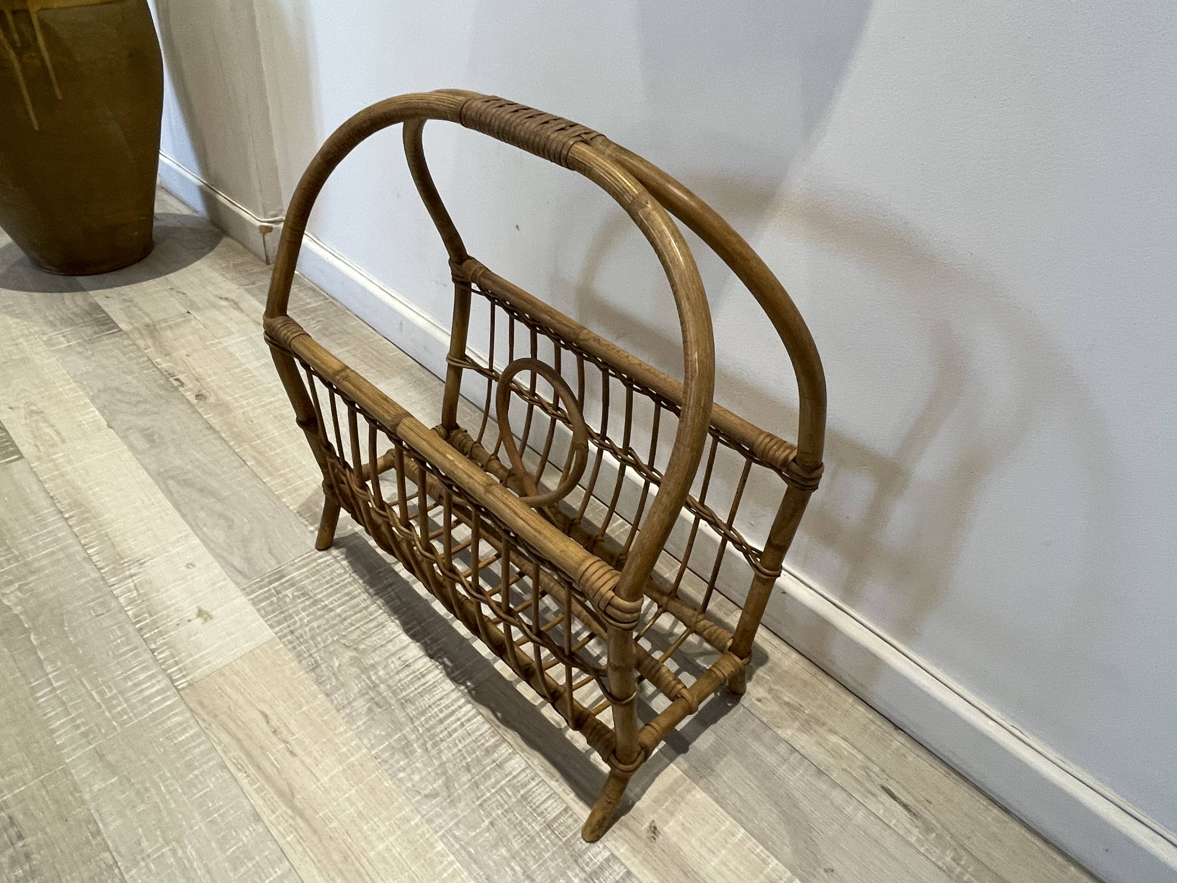 60s rattan magazine rack