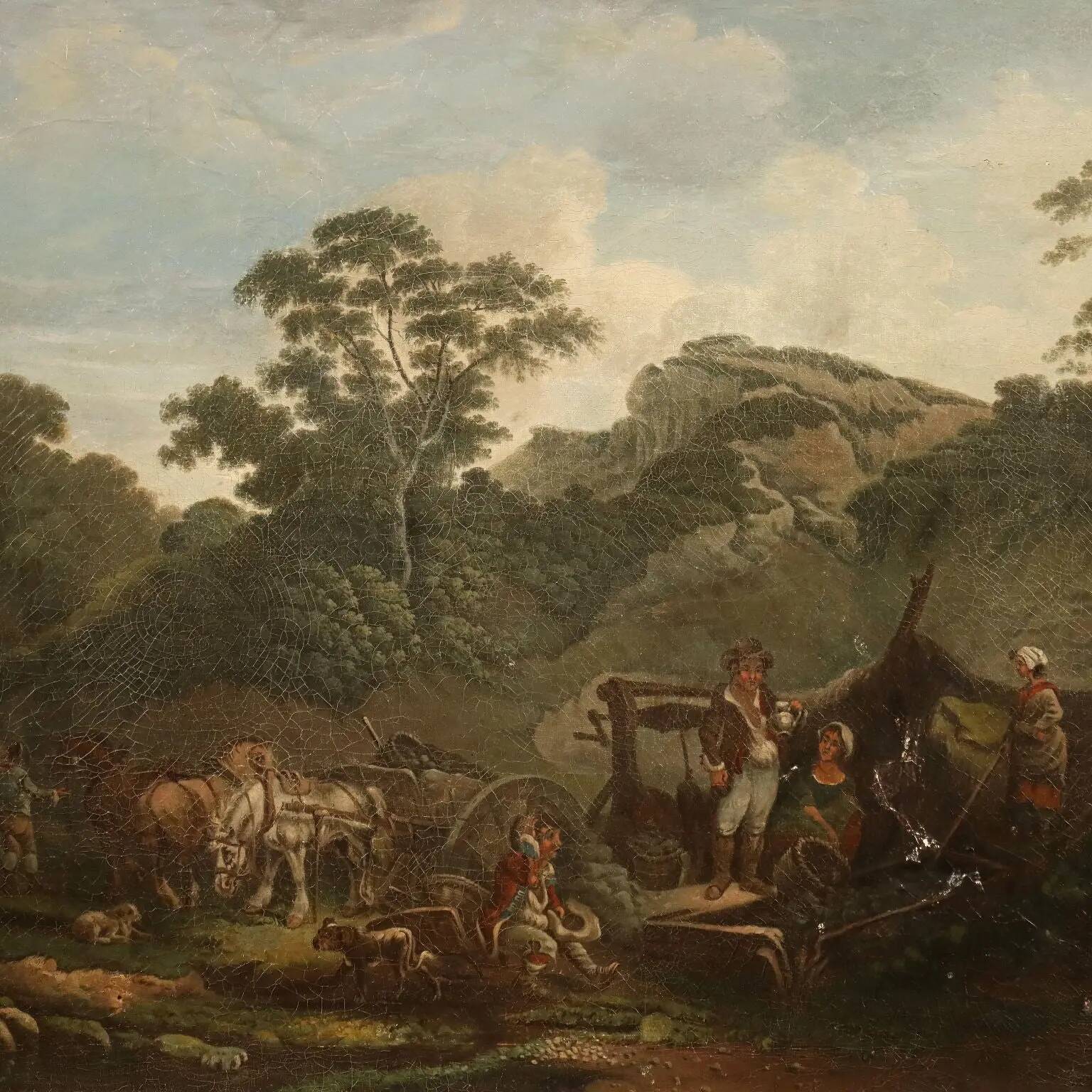 Old painting of a landscape with peasants, oil on canvas, Europe '800.