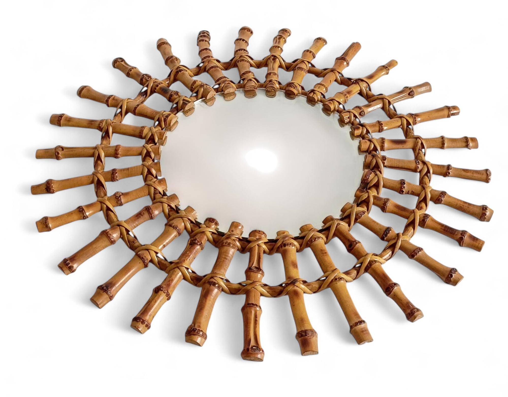 Midcentury Sunburst Mirror, Bamboo & Rattan, Handmade in France, 1950s