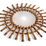 Midcentury Sunburst Mirror, Bamboo & Rattan, Handmade in France, 1950s