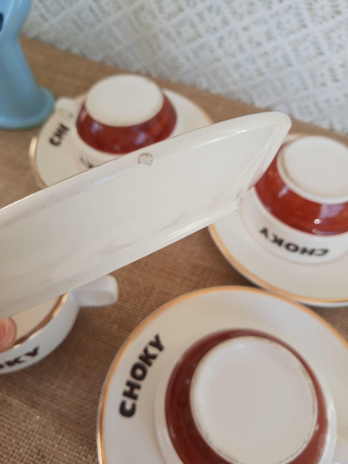 Ensemble de 4 tasses et 4 sous-tasses chocolat Choky bistrot publicitaire - vintage