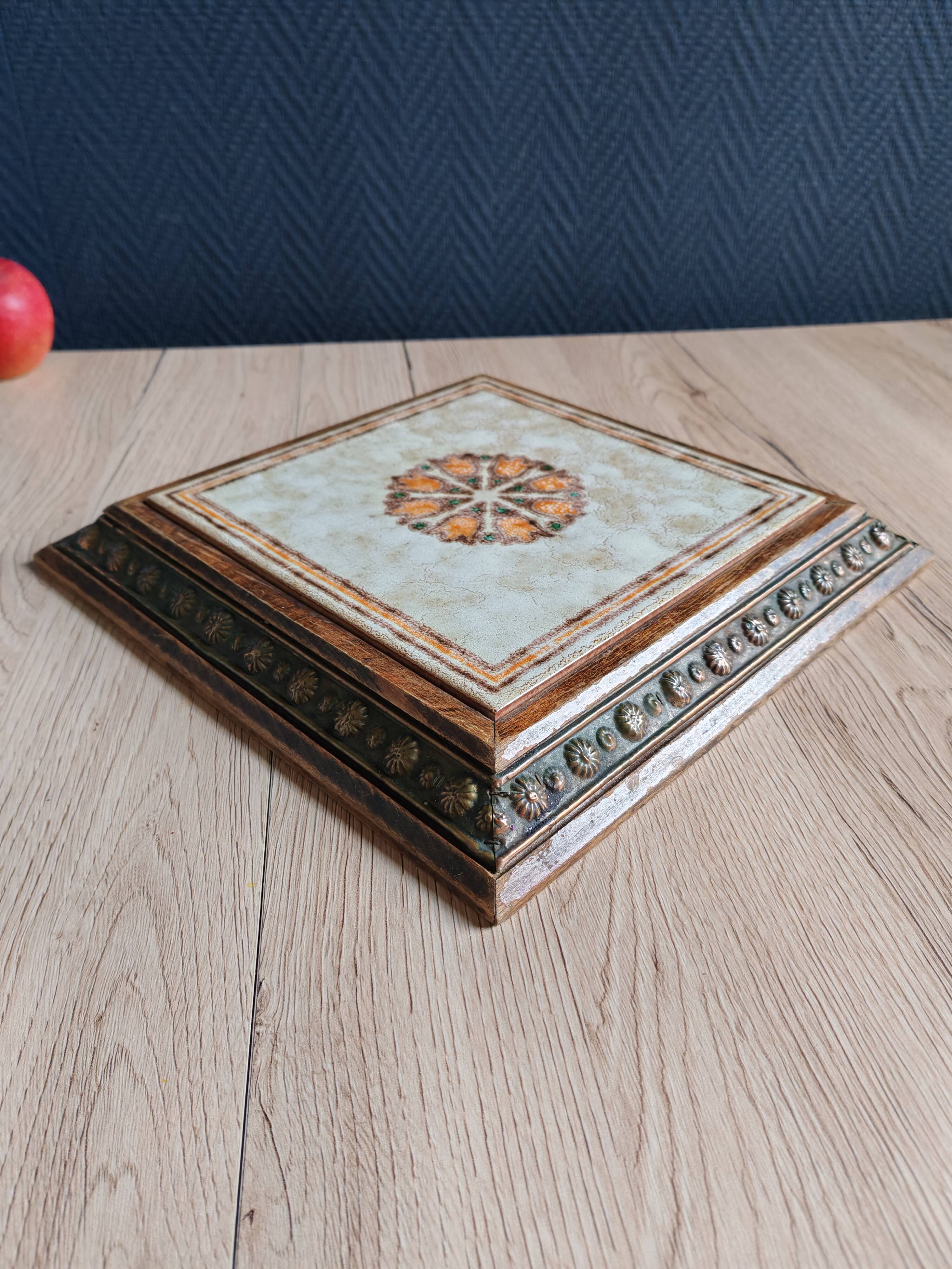 Old Italian Ceramic Trivet and Wooden Frame