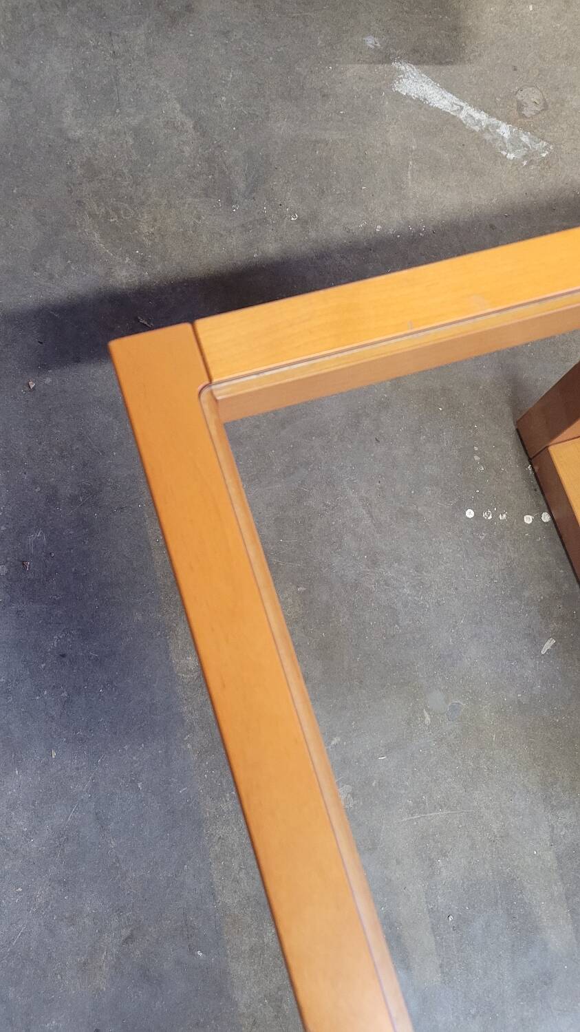 Modernist vintage square coffee table, in wood and old glass
